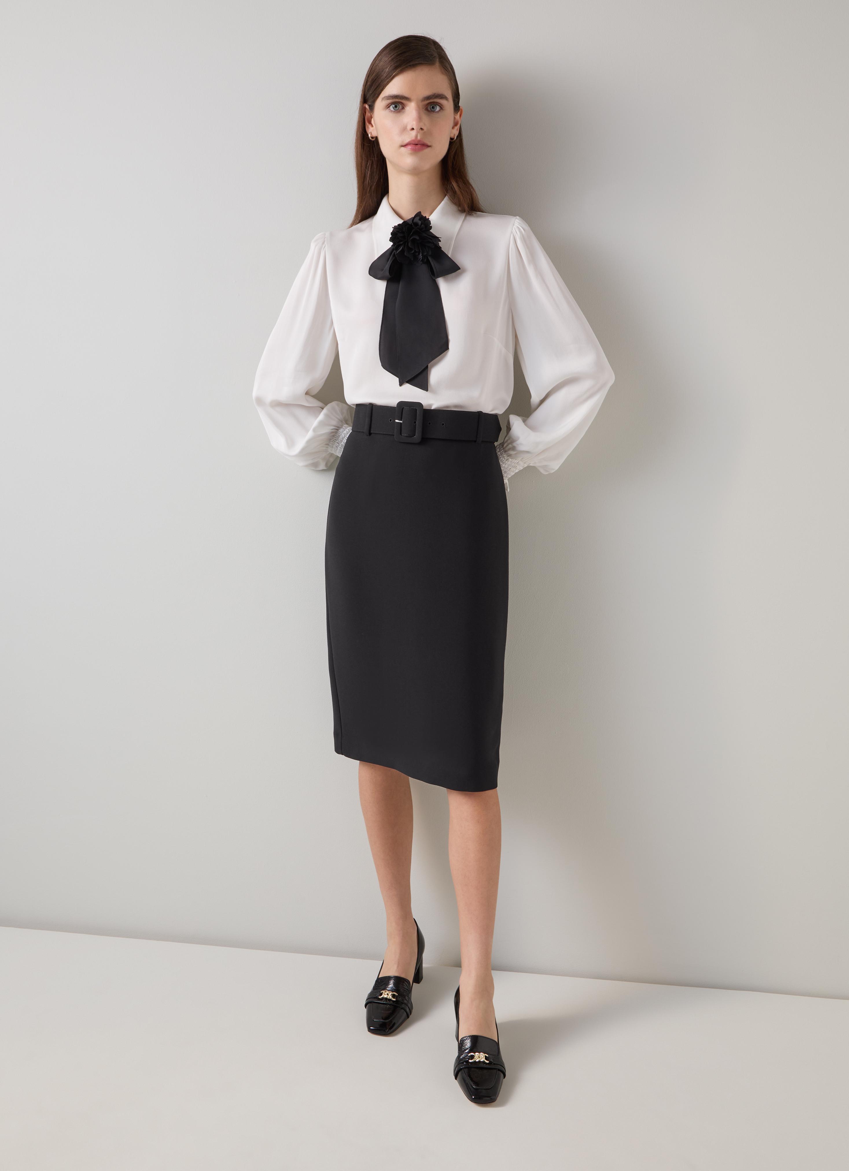 Tabitha Black Belted Crepe Pencil Skirt Sale Collections