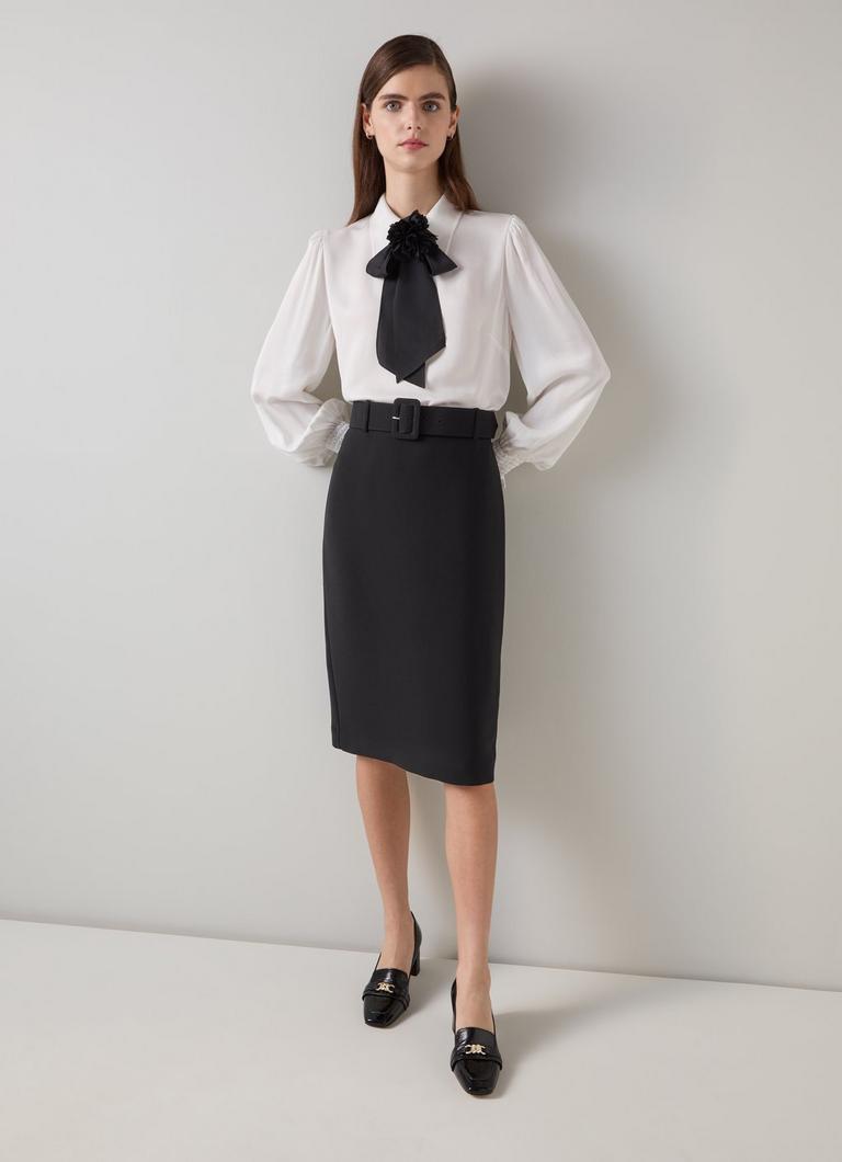 Tabitha Black Belted Crepe Pencil Skirt Sale Collections