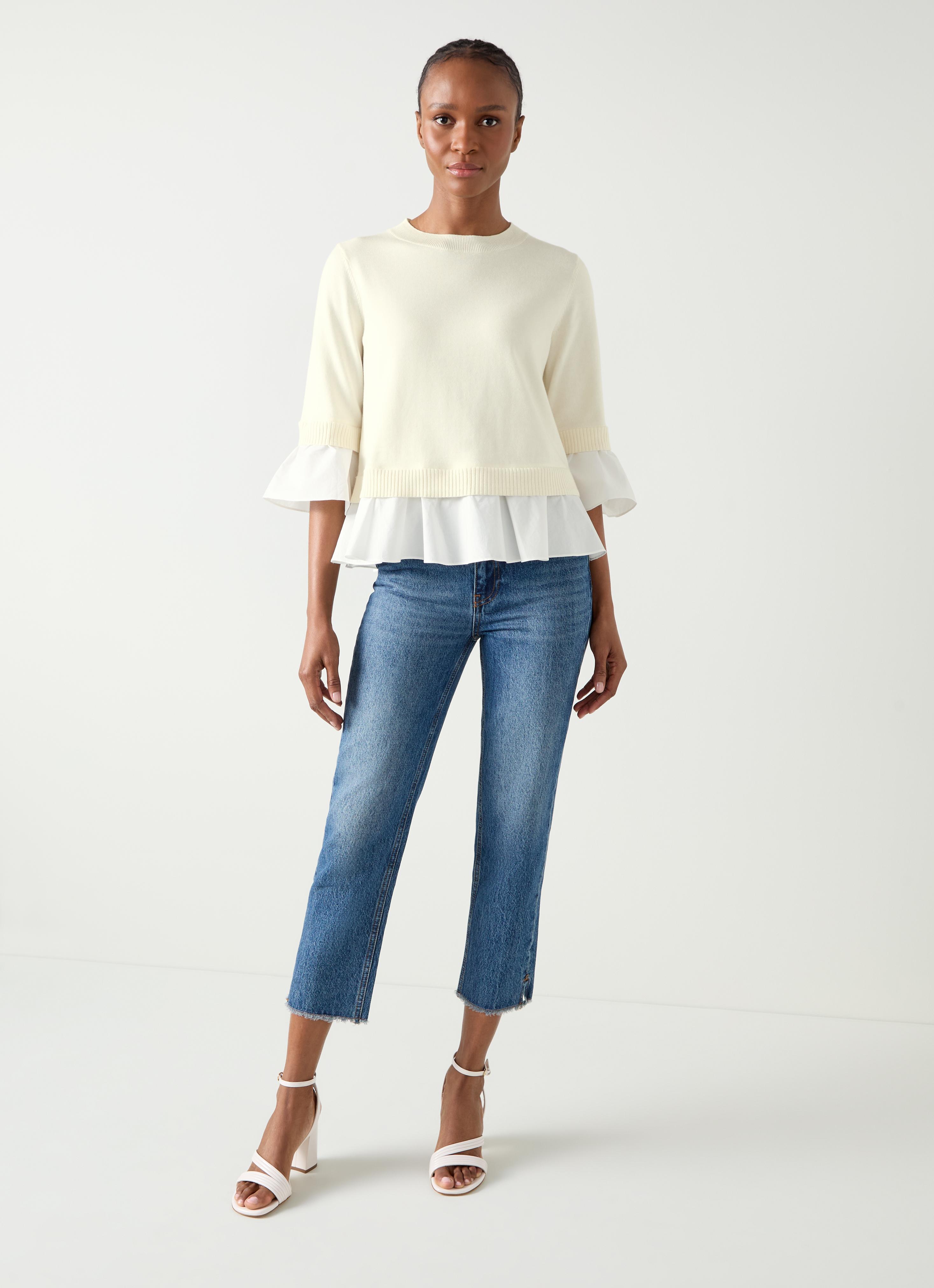 Maisie Ivory & White Poplin Organic Cotton Frill Trim Jumper