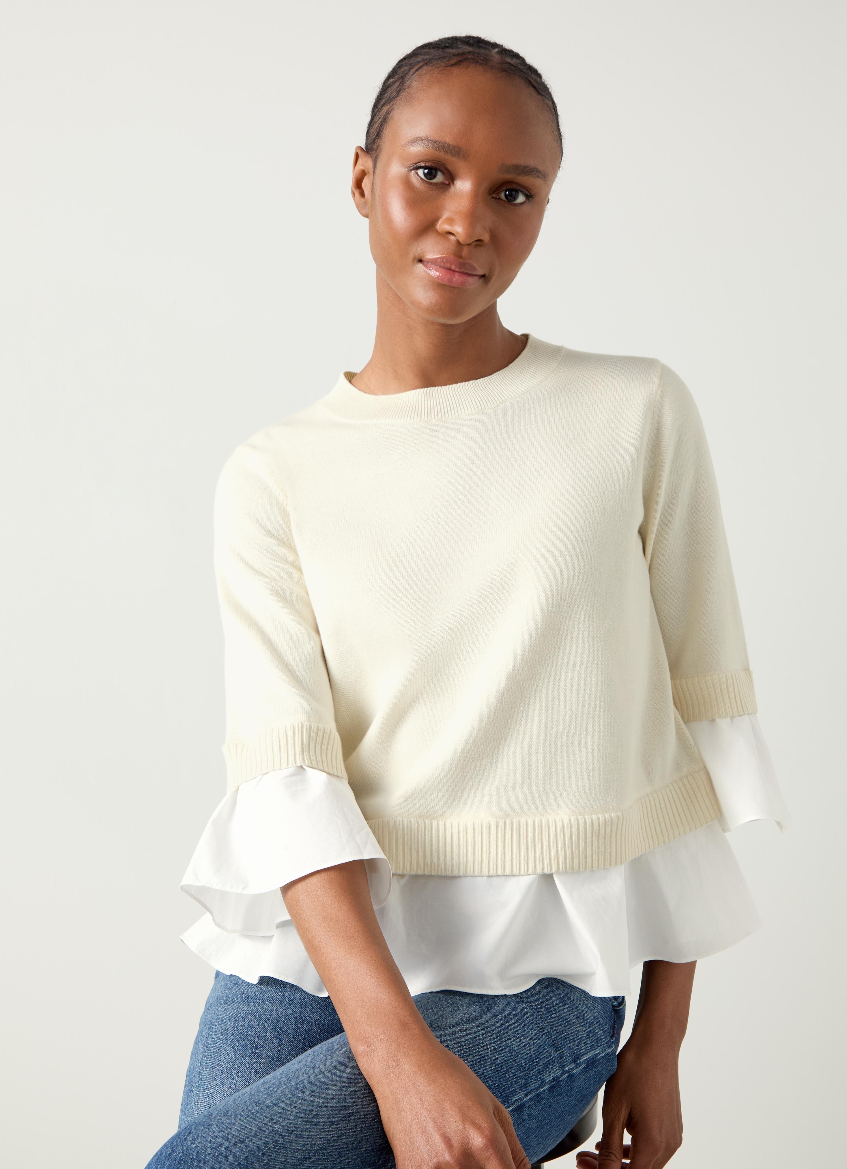 Maisie Ivory & White Poplin Organic Cotton Frill Trim Jumper
