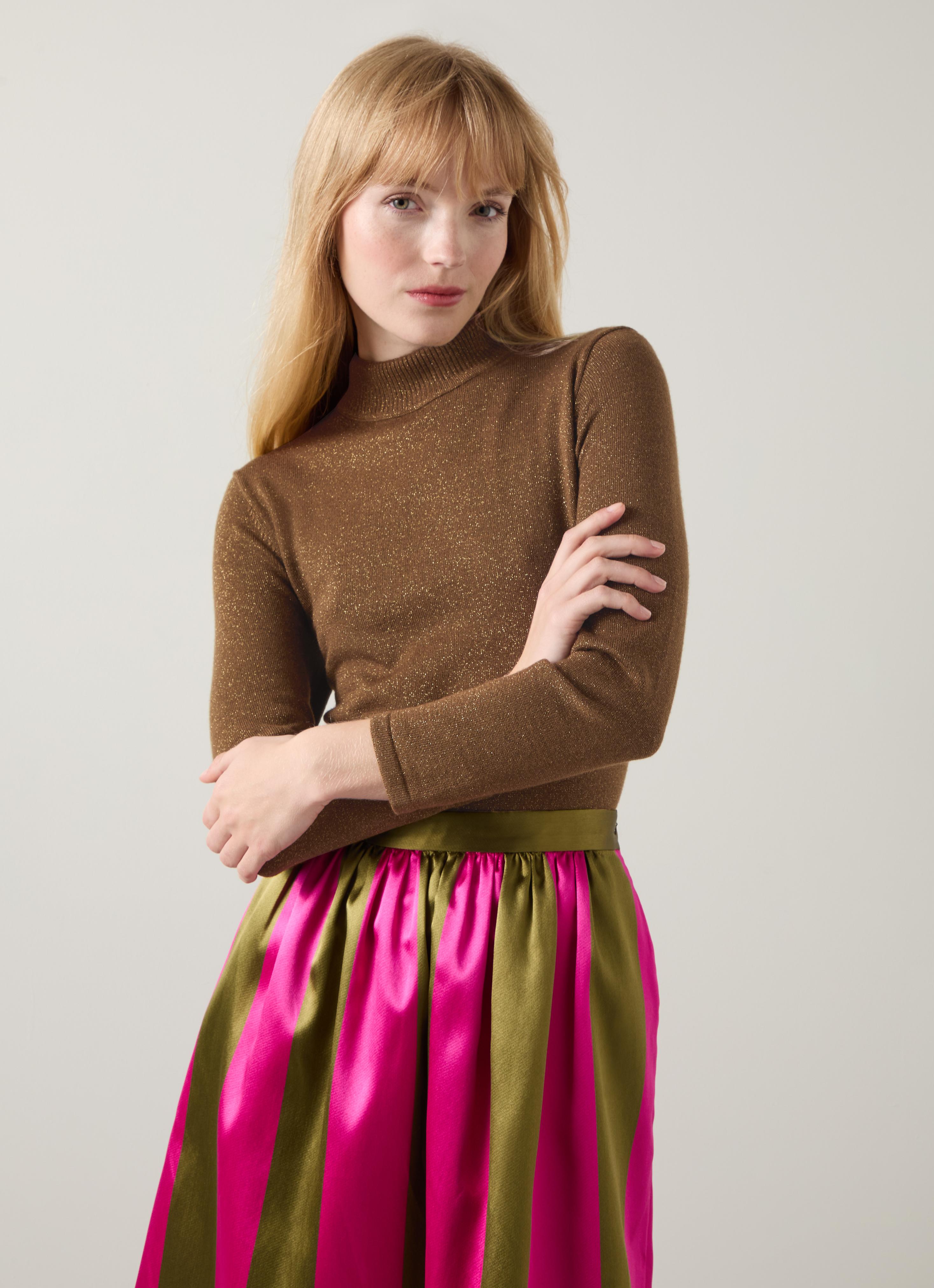 Sadie Olive Turtle Neck Metallic Knit Top