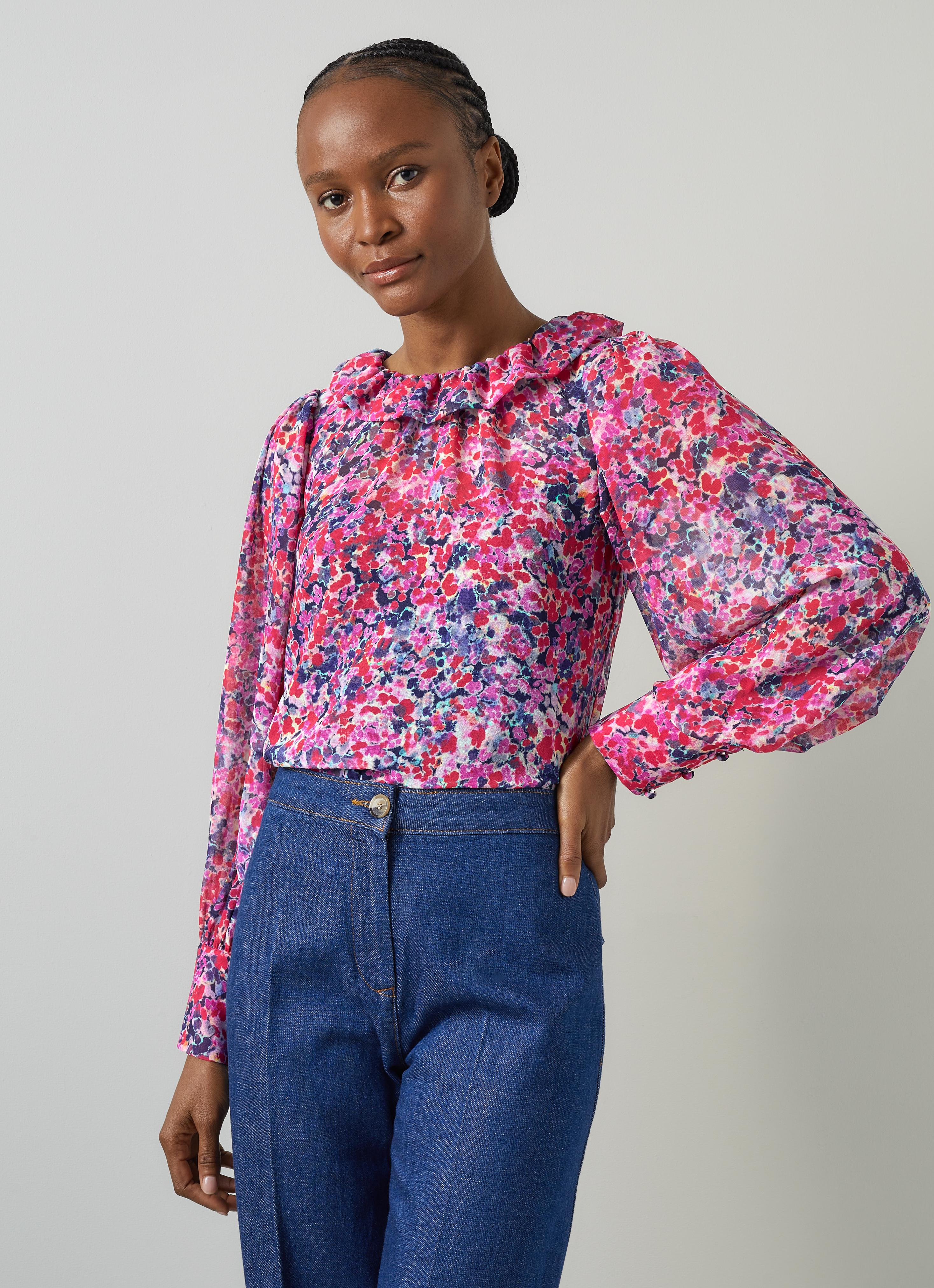 Erin Pink Multi Watercolor Floral Blouse