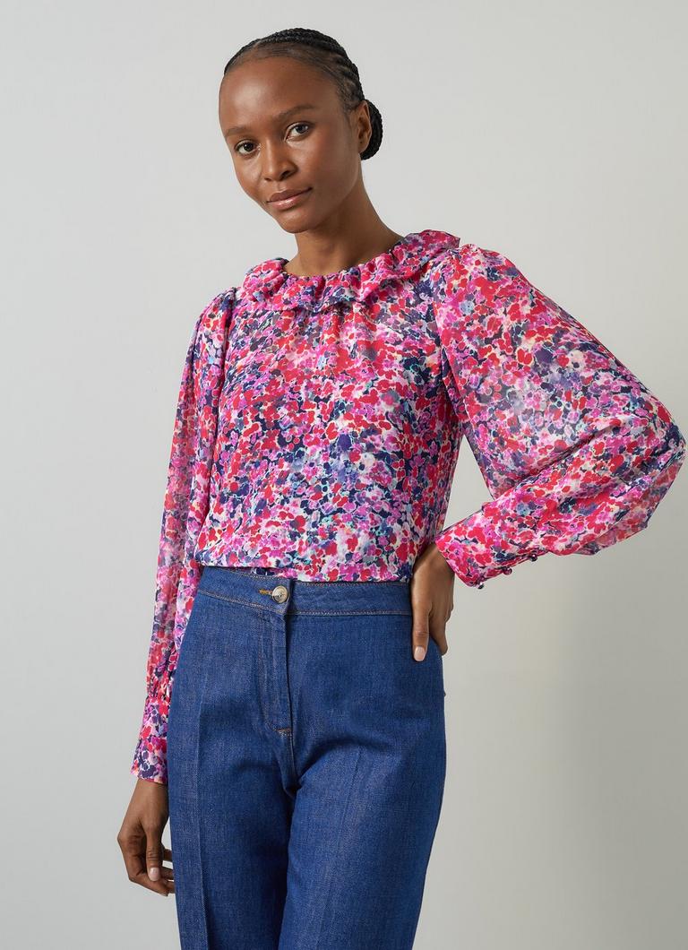 Erin Pink Multi Watercolor Floral Blouse