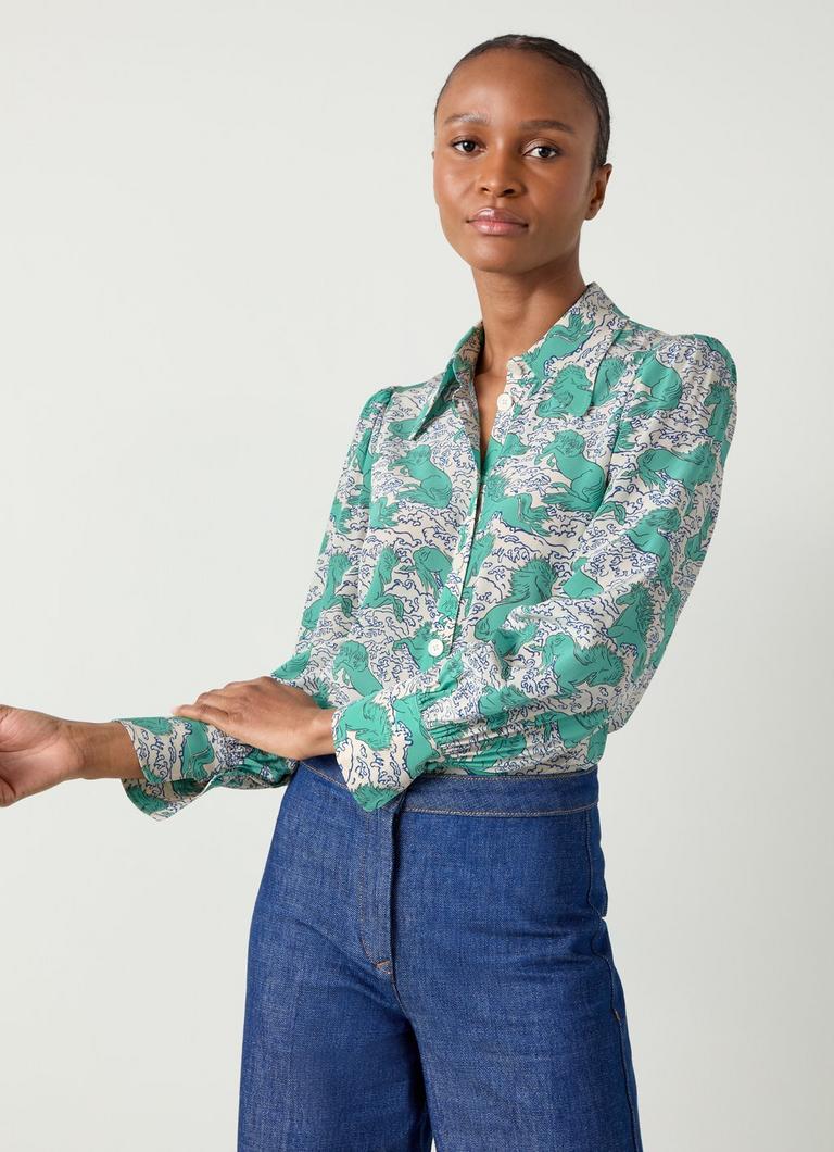 Sonya Cream Multi Horses Print Silk Blouse Clothing Sale