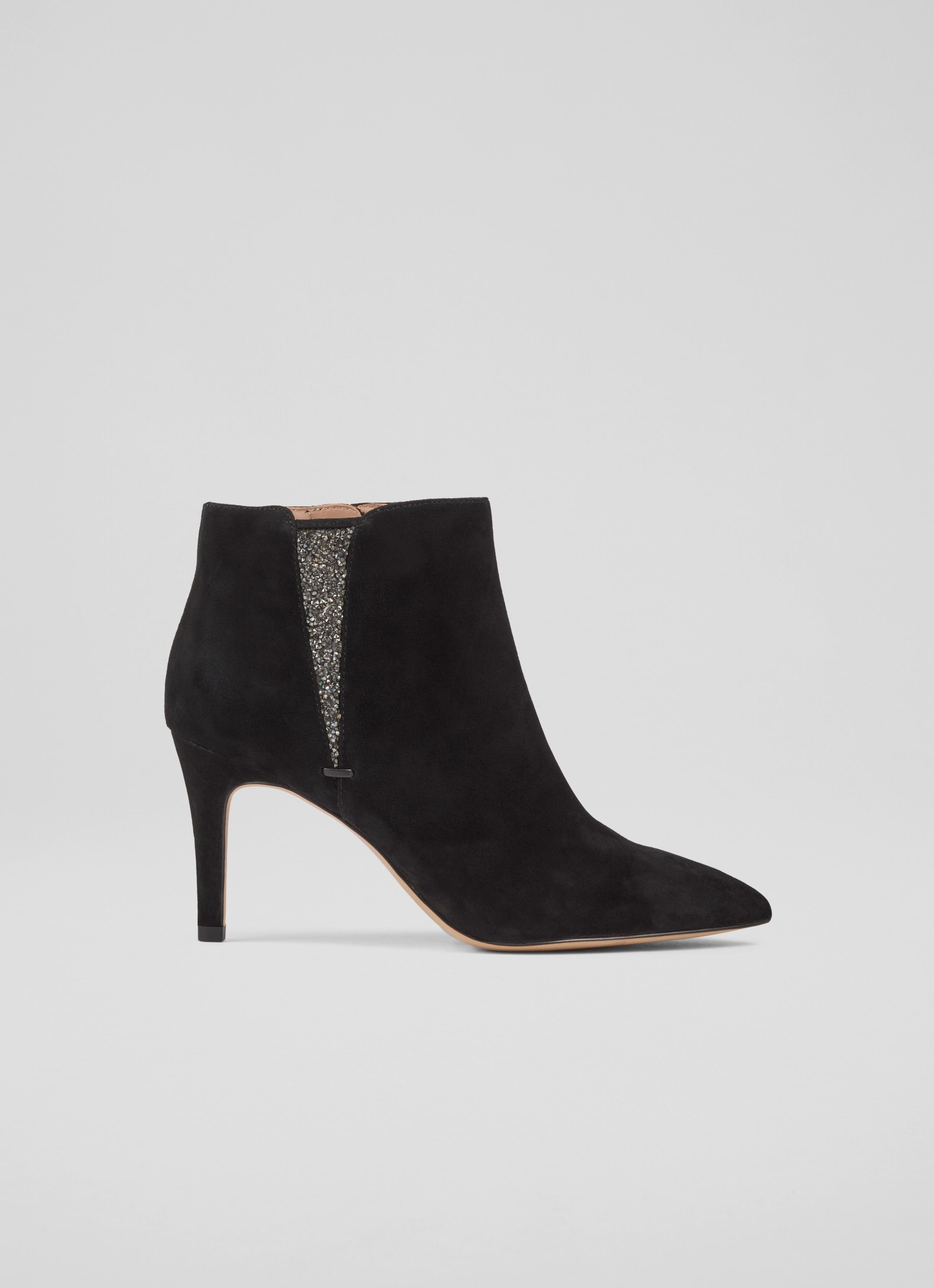 Queenie Black Suede Crystal Detail Ankle Boots