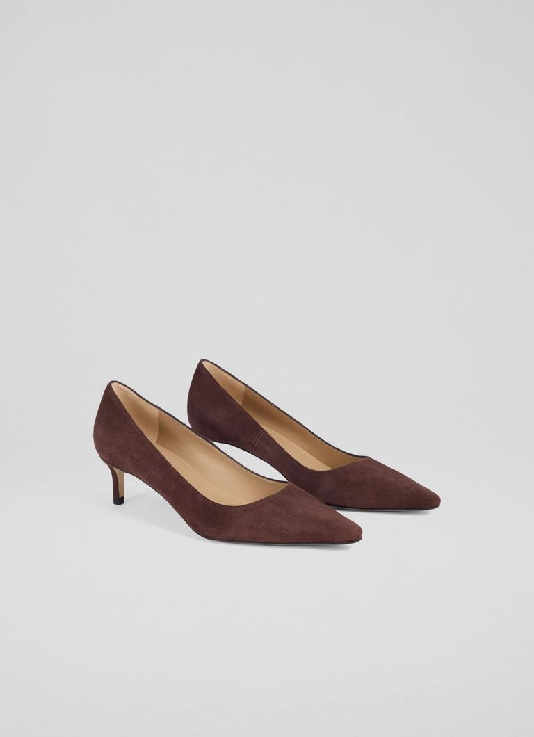 New Ava Brown Suede Pointed Kitten Heel Court Shoes