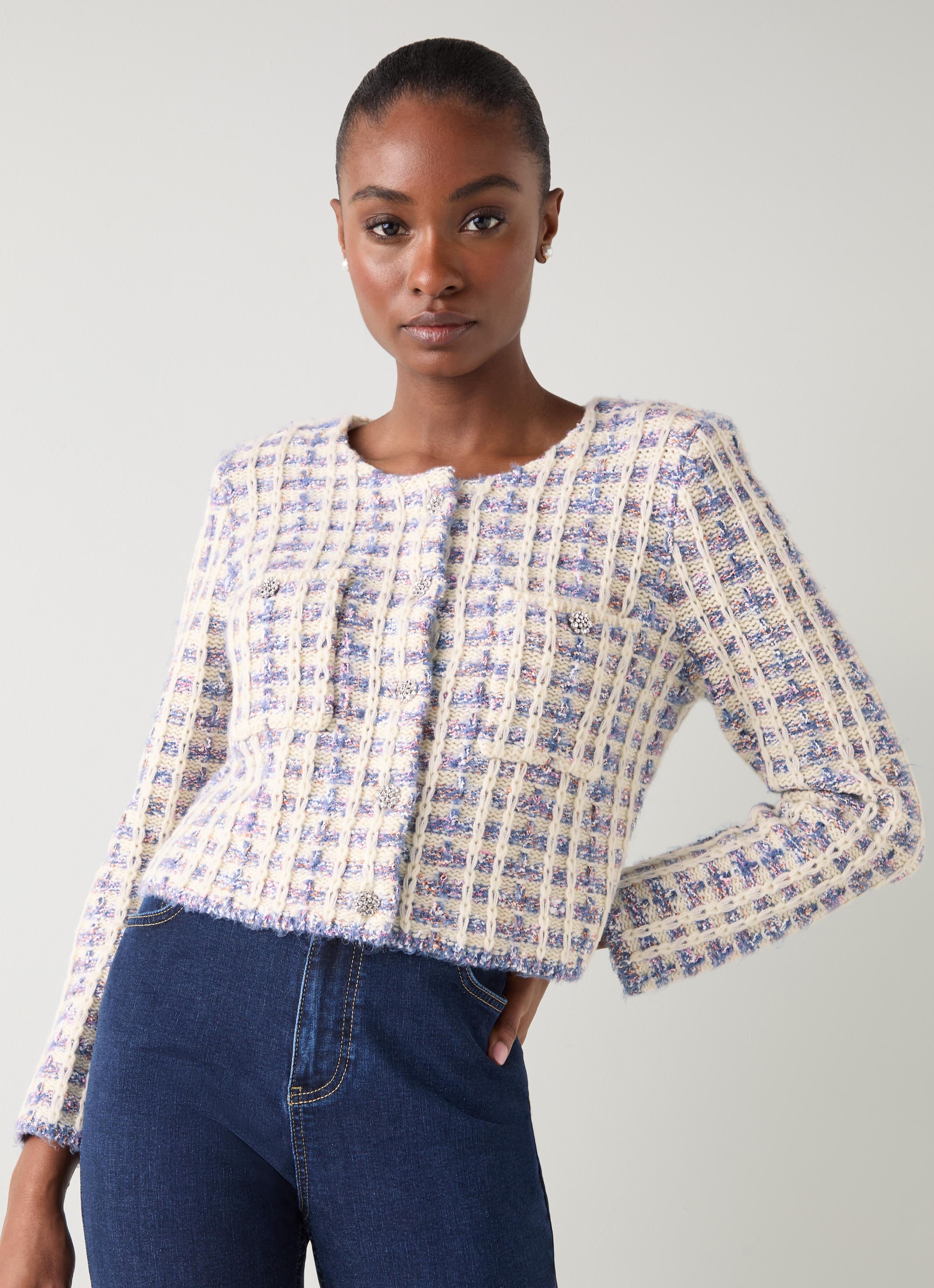 Millie Ivory Tweed Fluffy Shoulder Pad Cardigan | Cardigans | L.K.