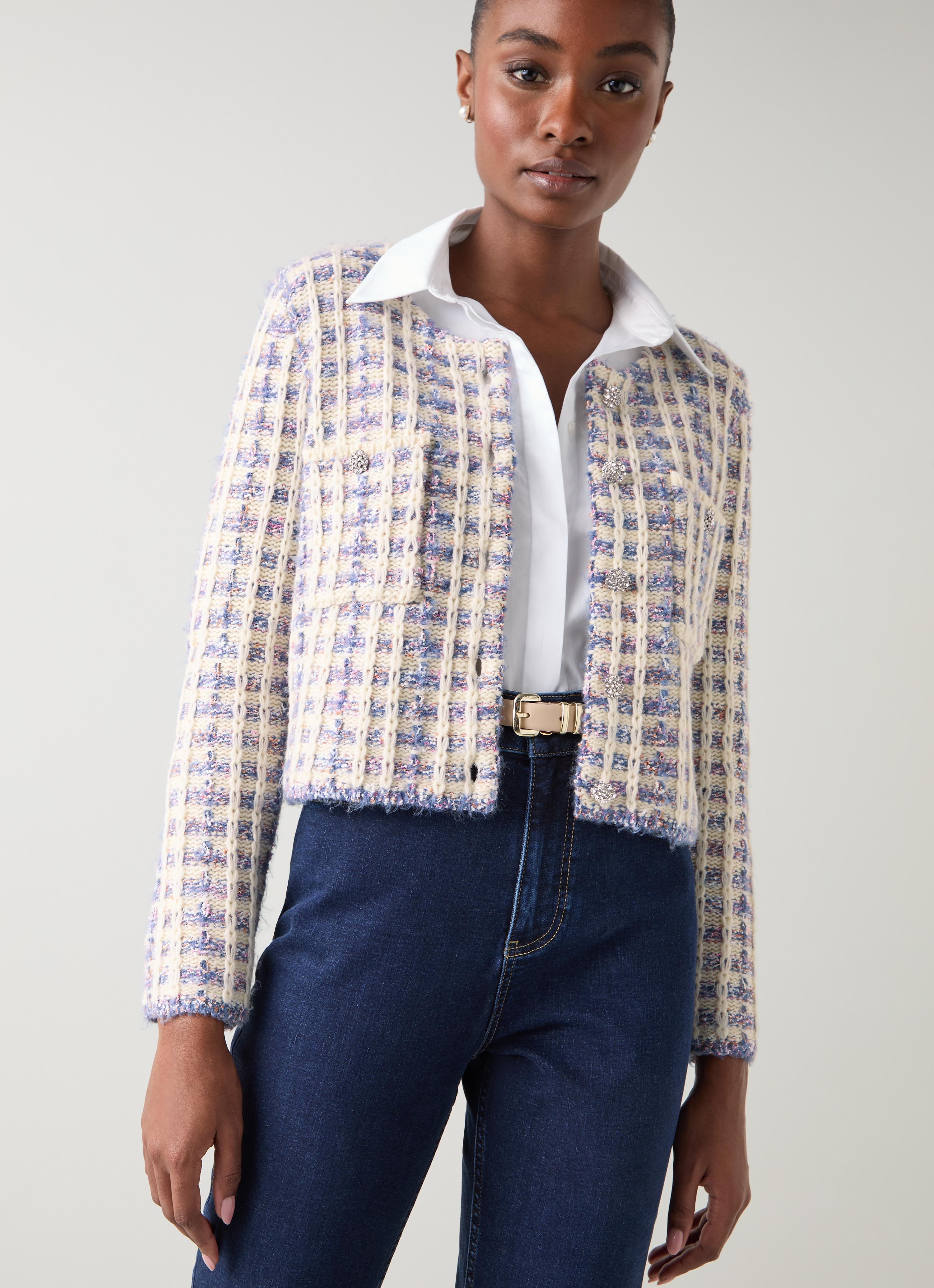 Millie Ivory Tweed Fluffy Shoulder Pad Cardigan | Cardigans | L.K.