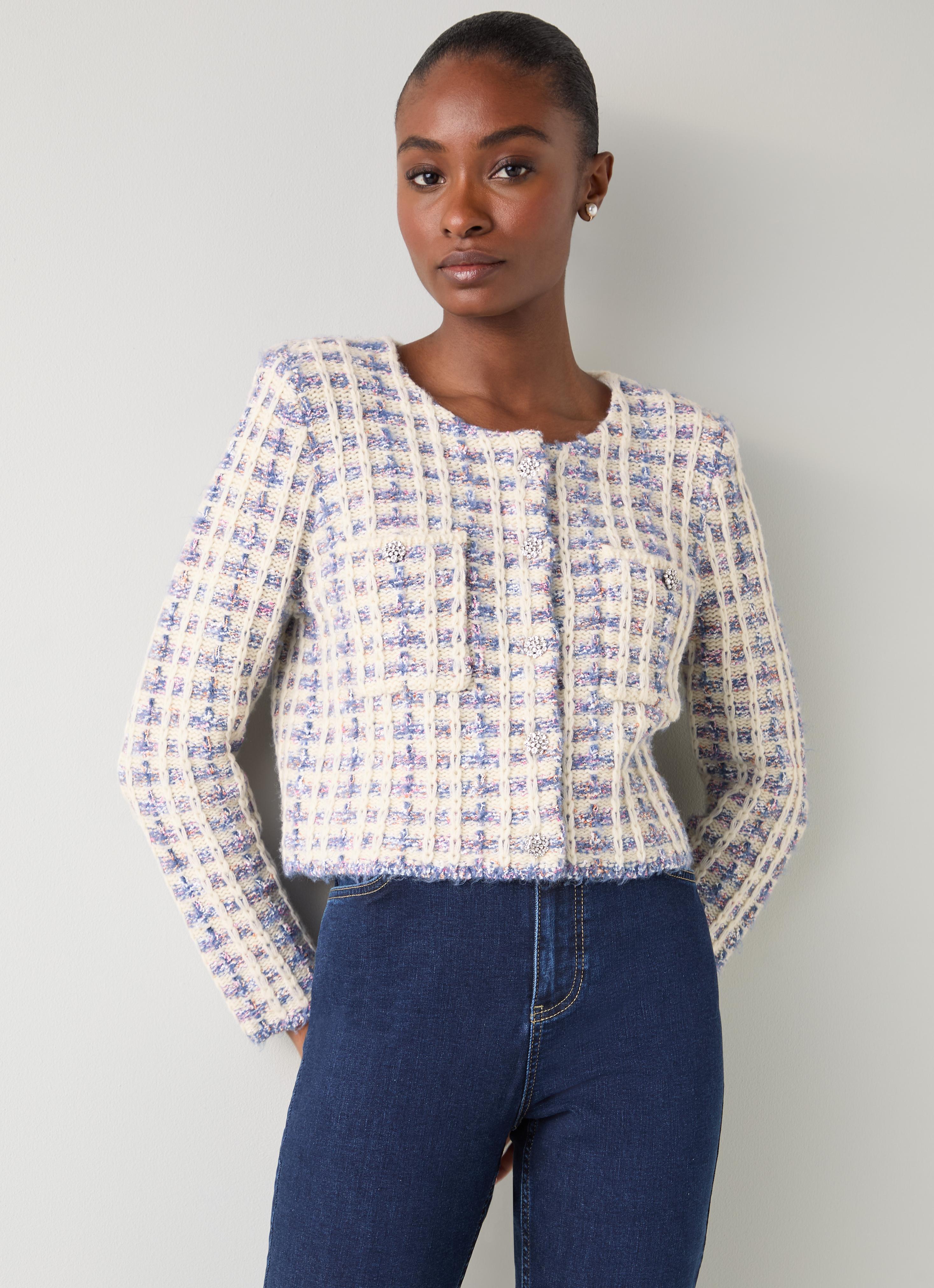 Millie Ivory Tweed Fluffy Shoulder Pad Cardigan | Cardigans | L.K.