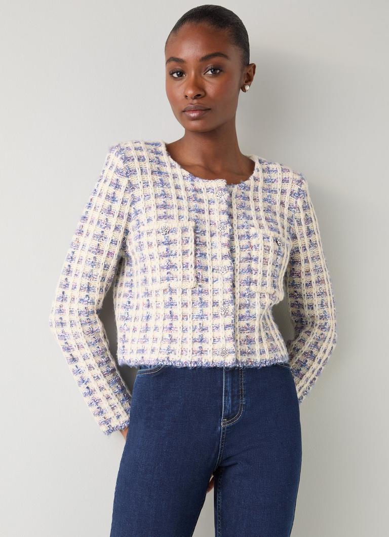 Millie Ivory Tweed Fluffy Shoulder Pad Cardigan | Cardigans | L.K. Millie Ivory Tweed Fluffy Shoulder Pad Cardigan | Cardigans | L.K.