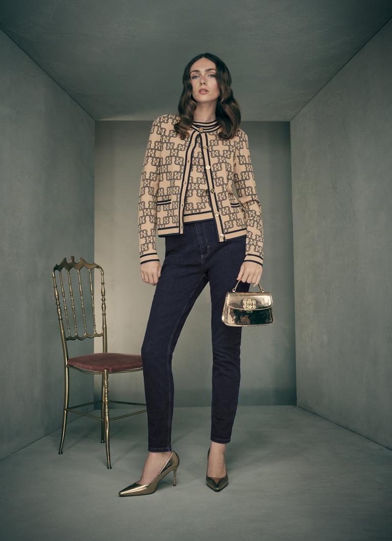 Odette Spring Navy Camel Monogram Viscose Cardigan