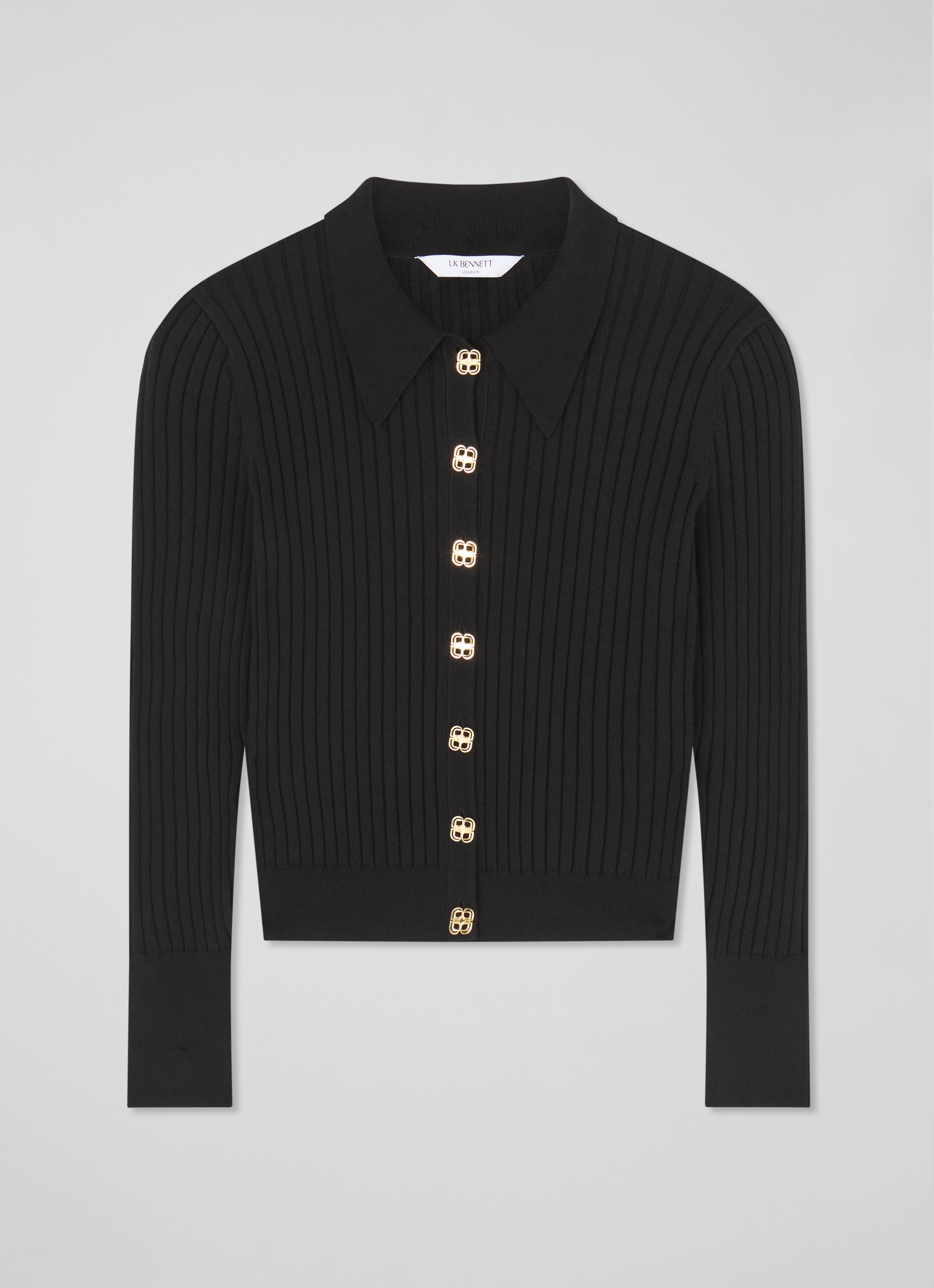 Willow Black Cotton Rib Collar Cardigan | Clothing | Collections
