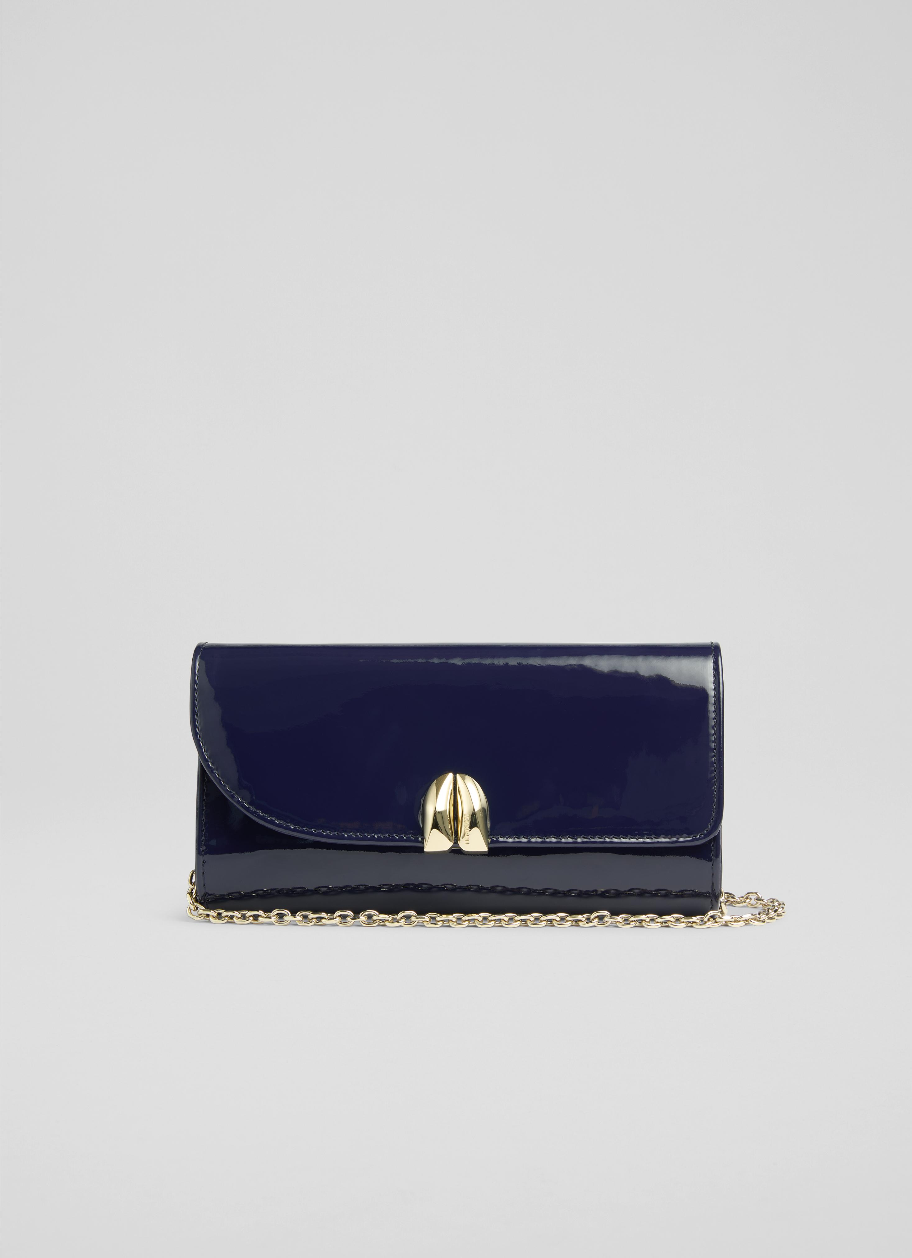 Florence Navy Patent Curve Flap Clutch Bag