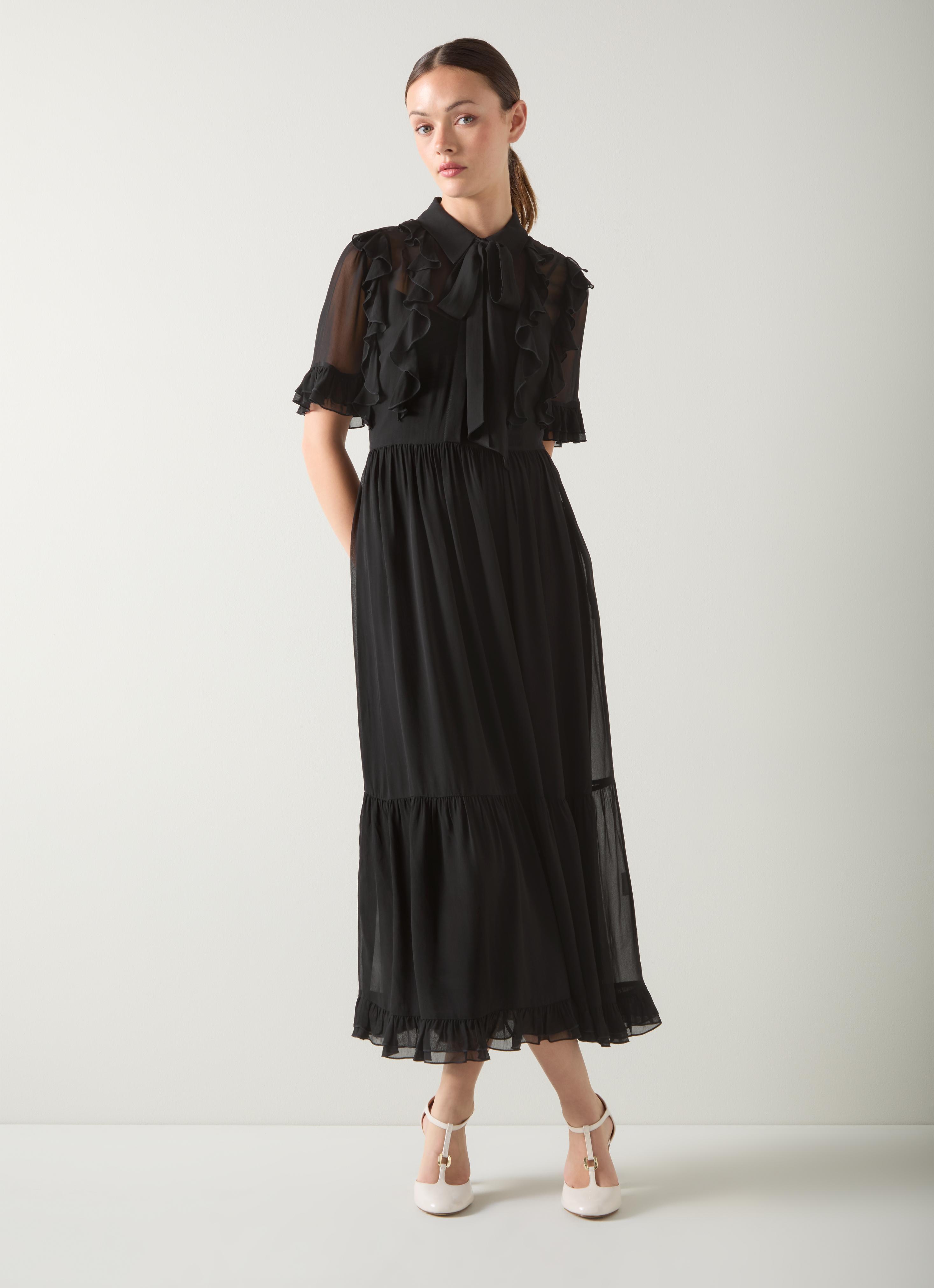 Corissa Black Viscose Frill Detail Chiffon Shirt dress