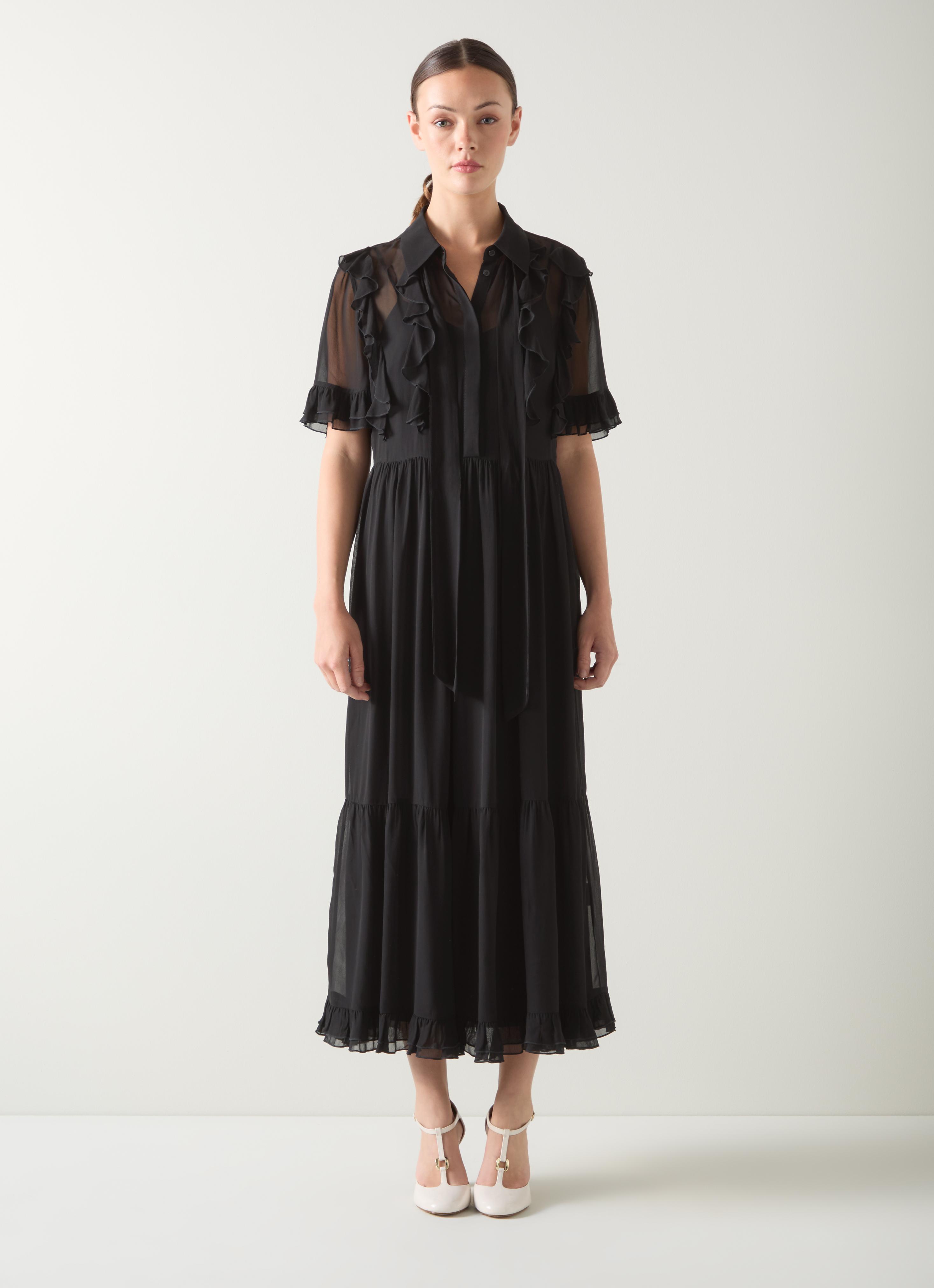 Corissa Black Viscose Frill Detail Chiffon Shirt dress | Modest
