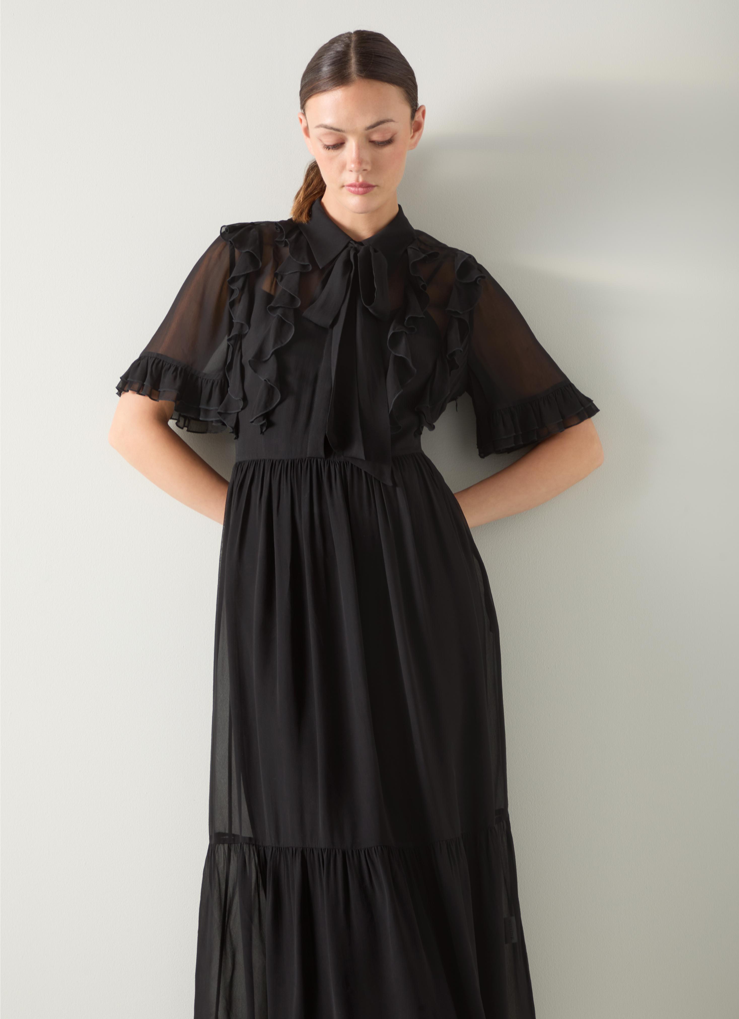 Corissa Black Viscose Frill Detail Chiffon Shirt dress | Modest
