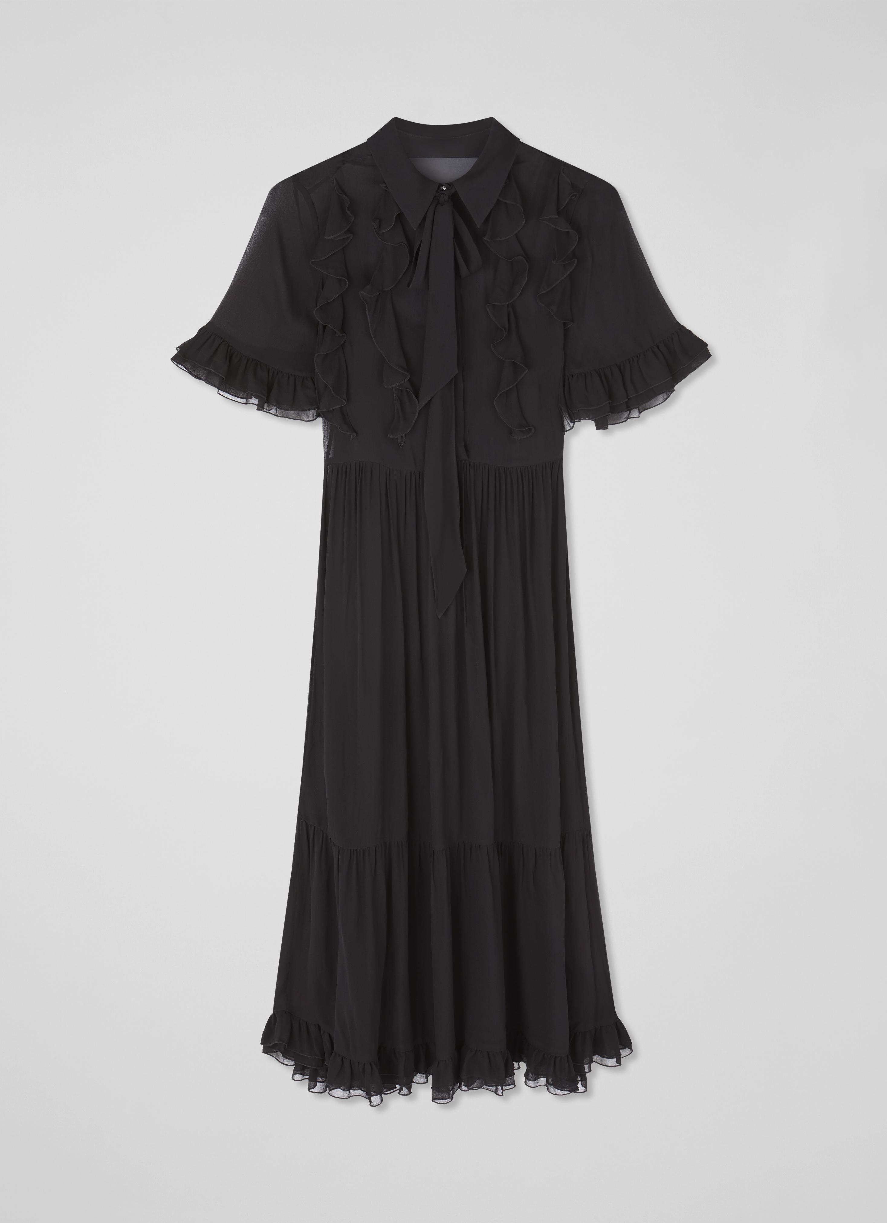 Corissa Black Viscose Frill Detail Chiffon Shirt dress | Modest