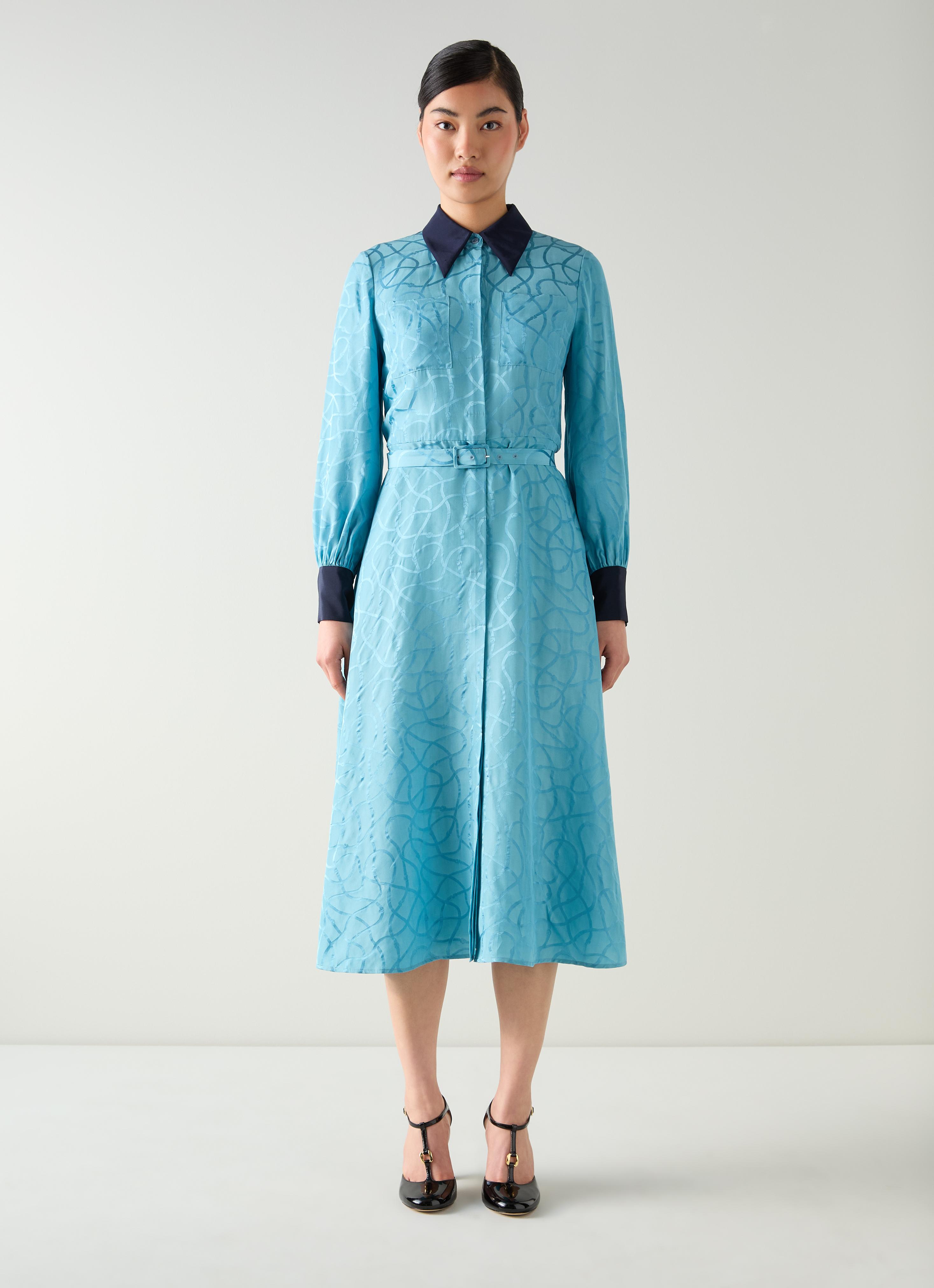 Henri Blue Rope Jacquard Print Silk Shirt Dress Midi Dresses