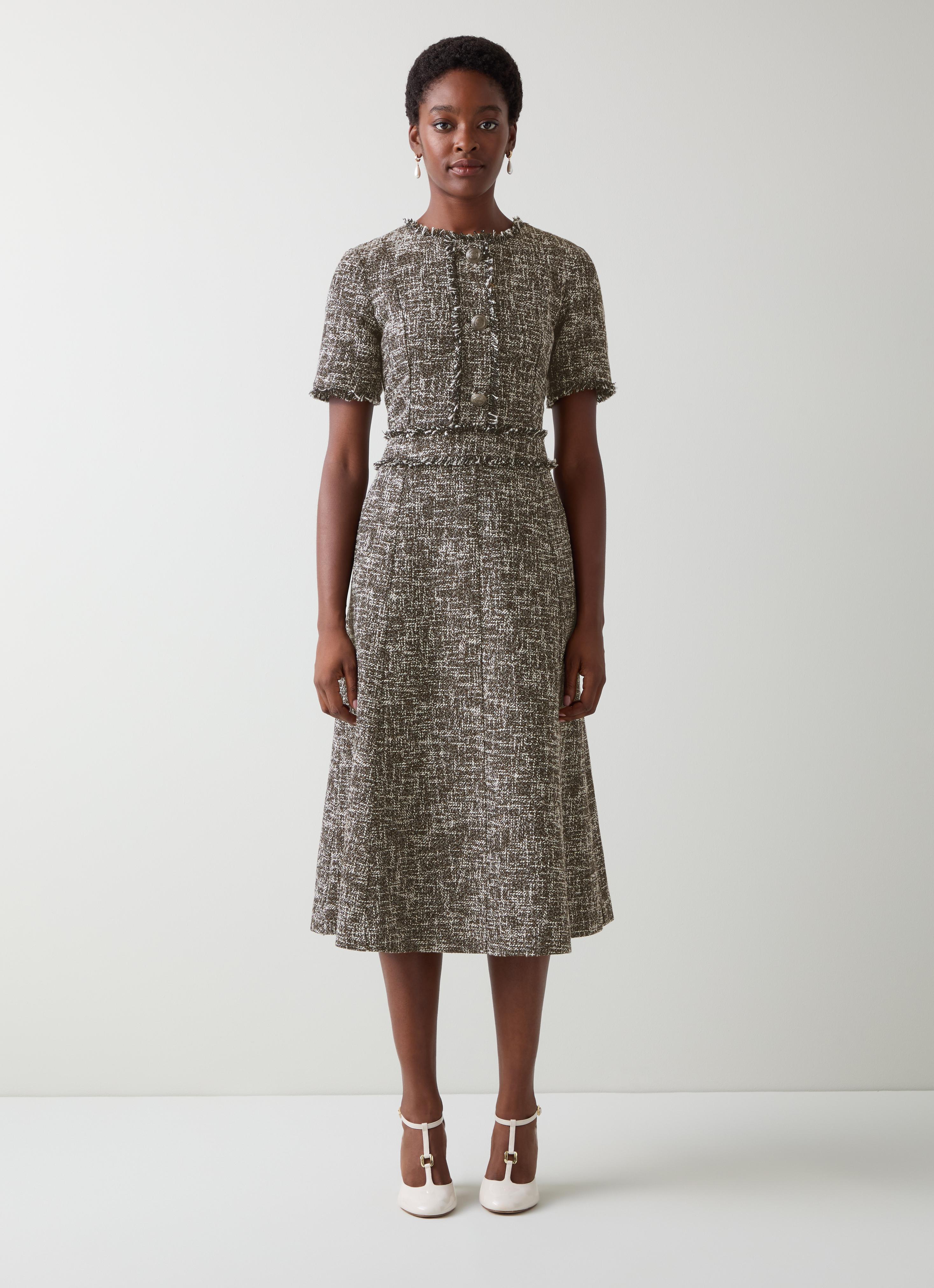Julia Red Cream Tweed Check Gold Button Dress | Tweed Dresses