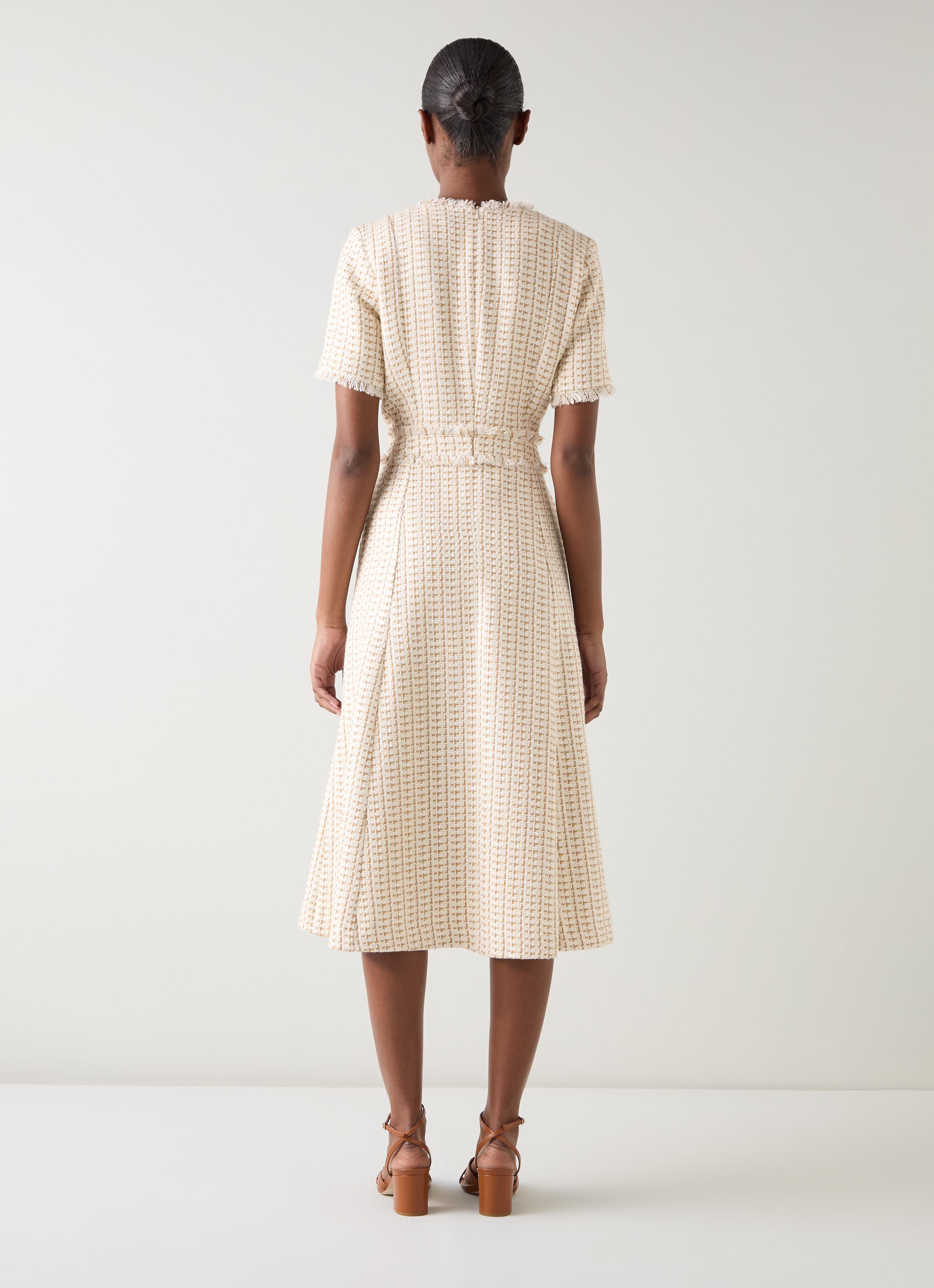 Julia Camel Tweed Check Gold Button Dress | Midi Dresses | Dresses