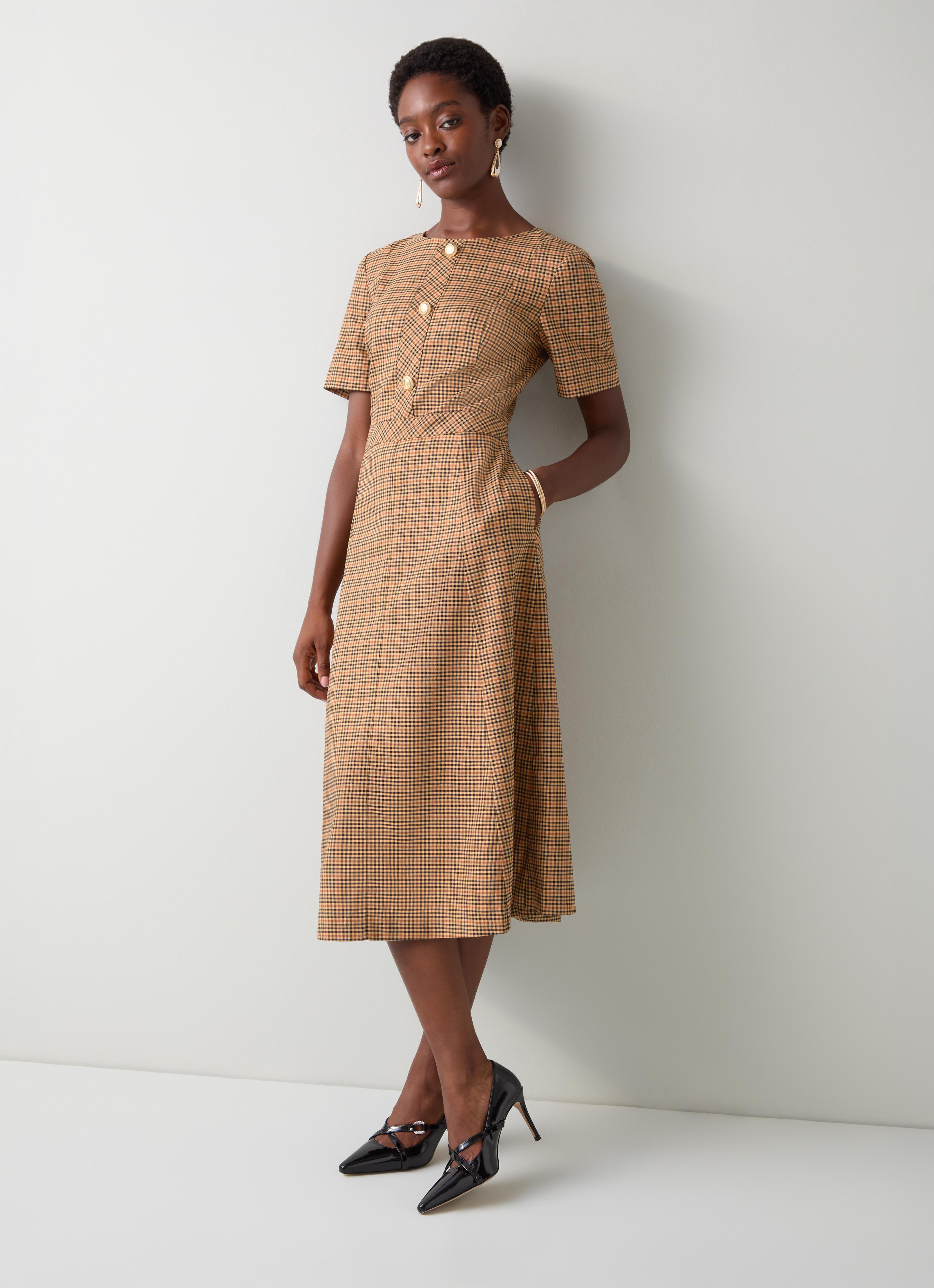 Julia Brown Tweed Check Button Dress | Workwear | Collections