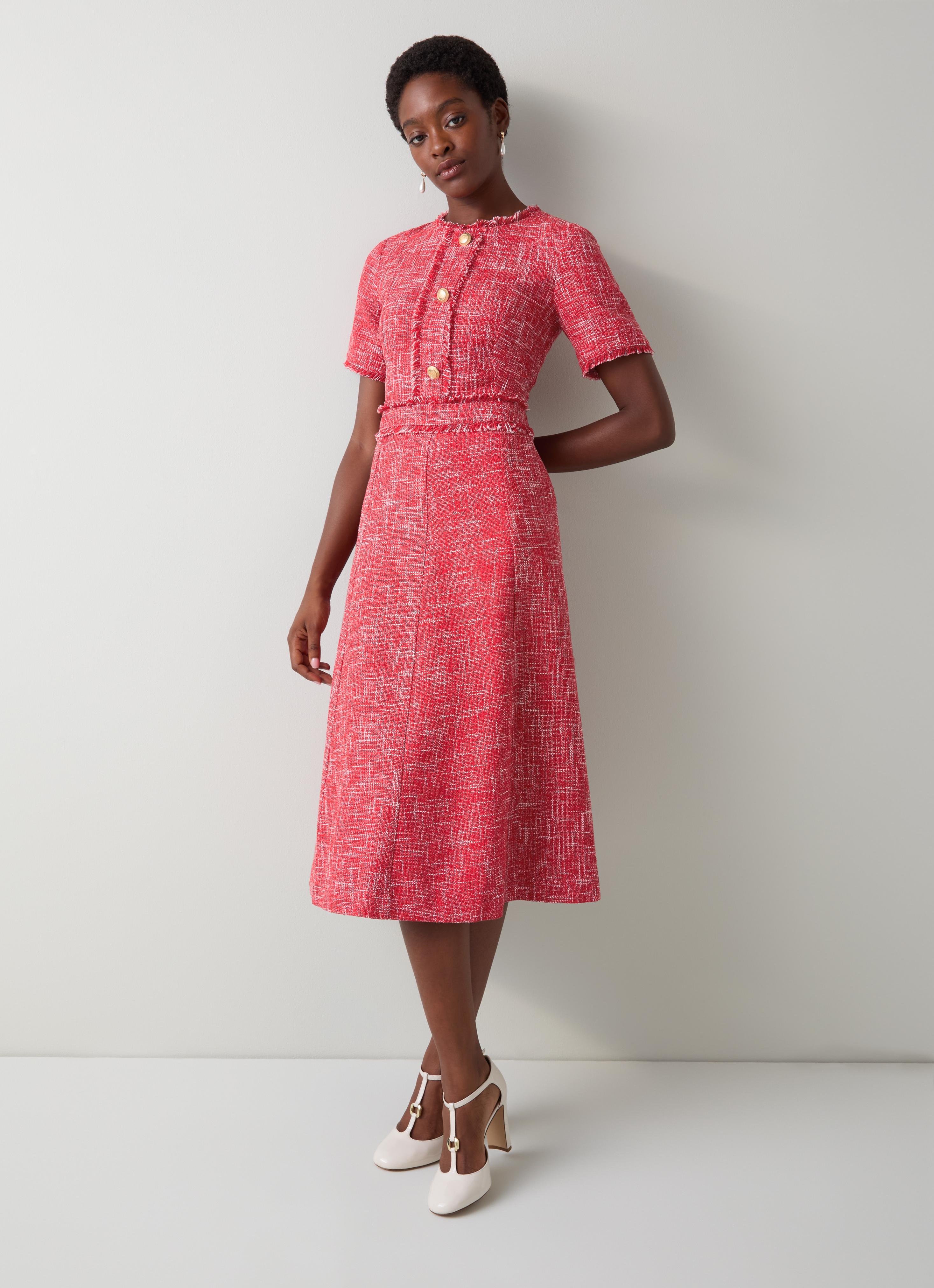 Julia Red Cream Tweed Check Gold Button Dress | Tweed Dresses