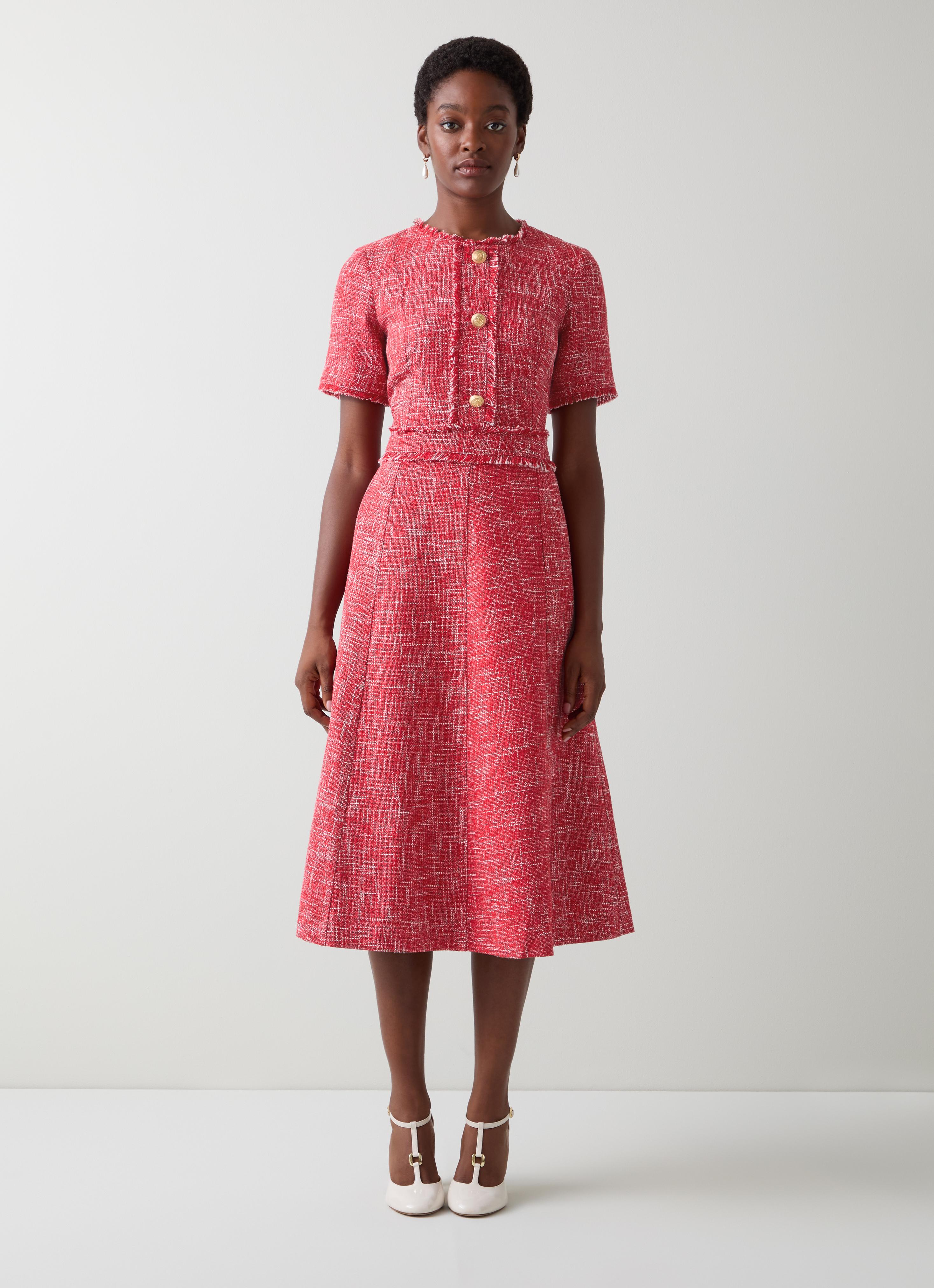 Julia Red Cream Tweed Check Gold Button Dress | Tweed Dresses