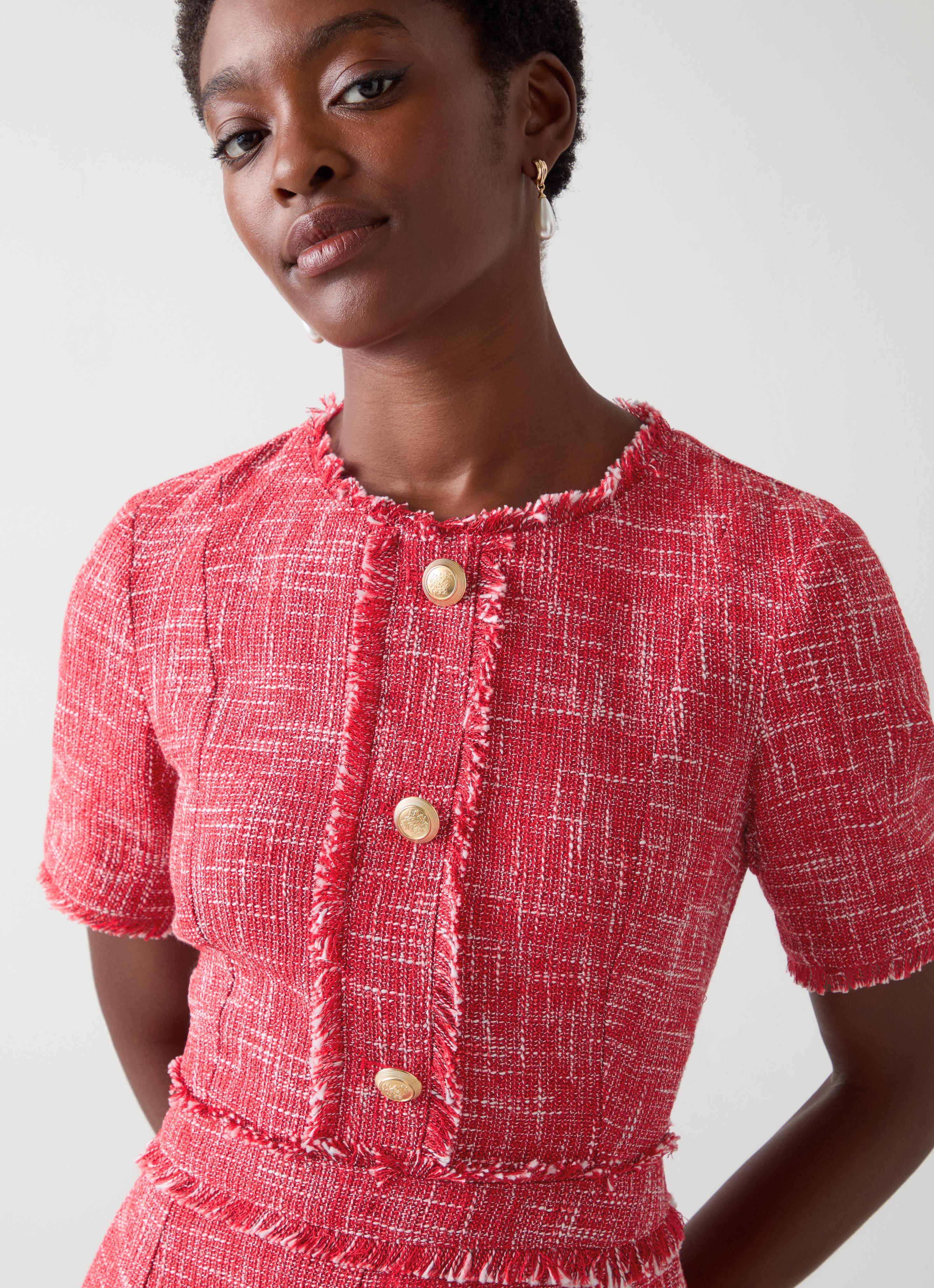 Julia Red Cream Tweed Check Gold Button Dress | Tweed Dresses