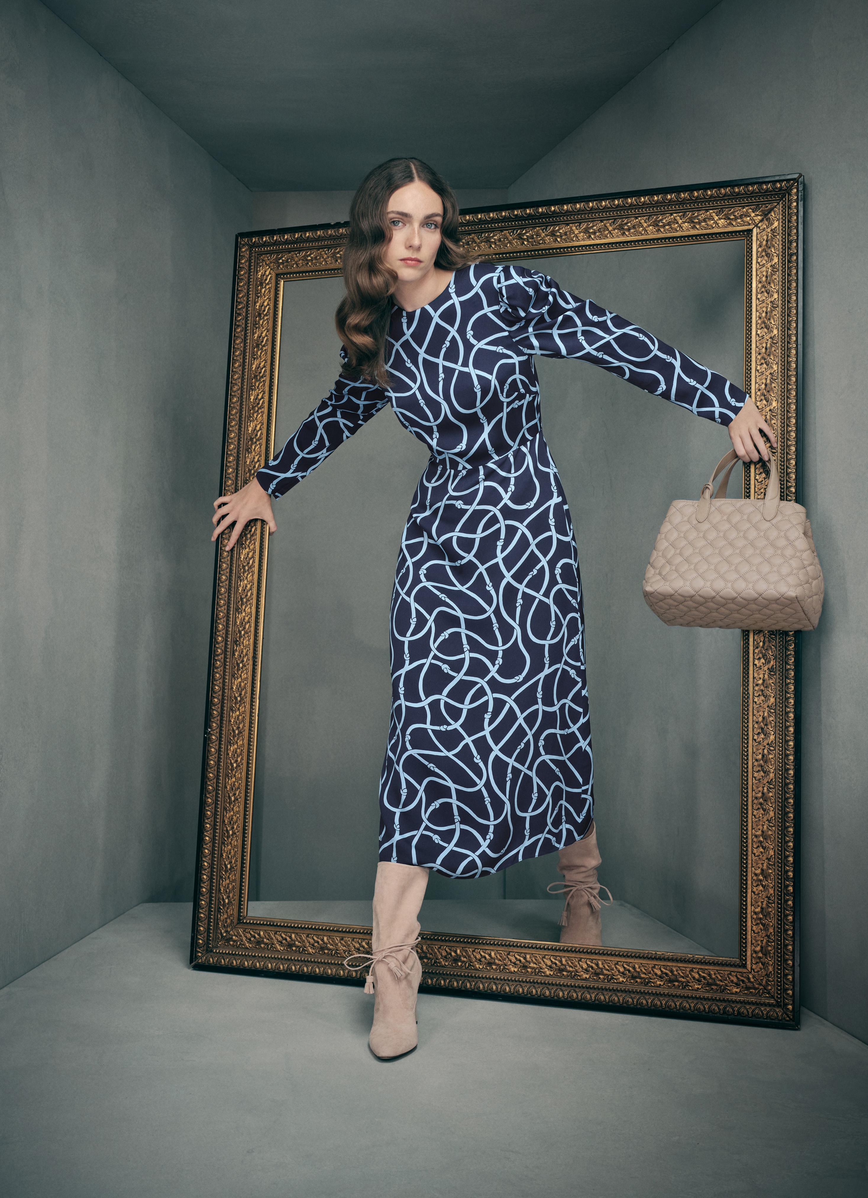 Juno Blue Rope Print Gathered Sleeve Dress | Midi Dresses