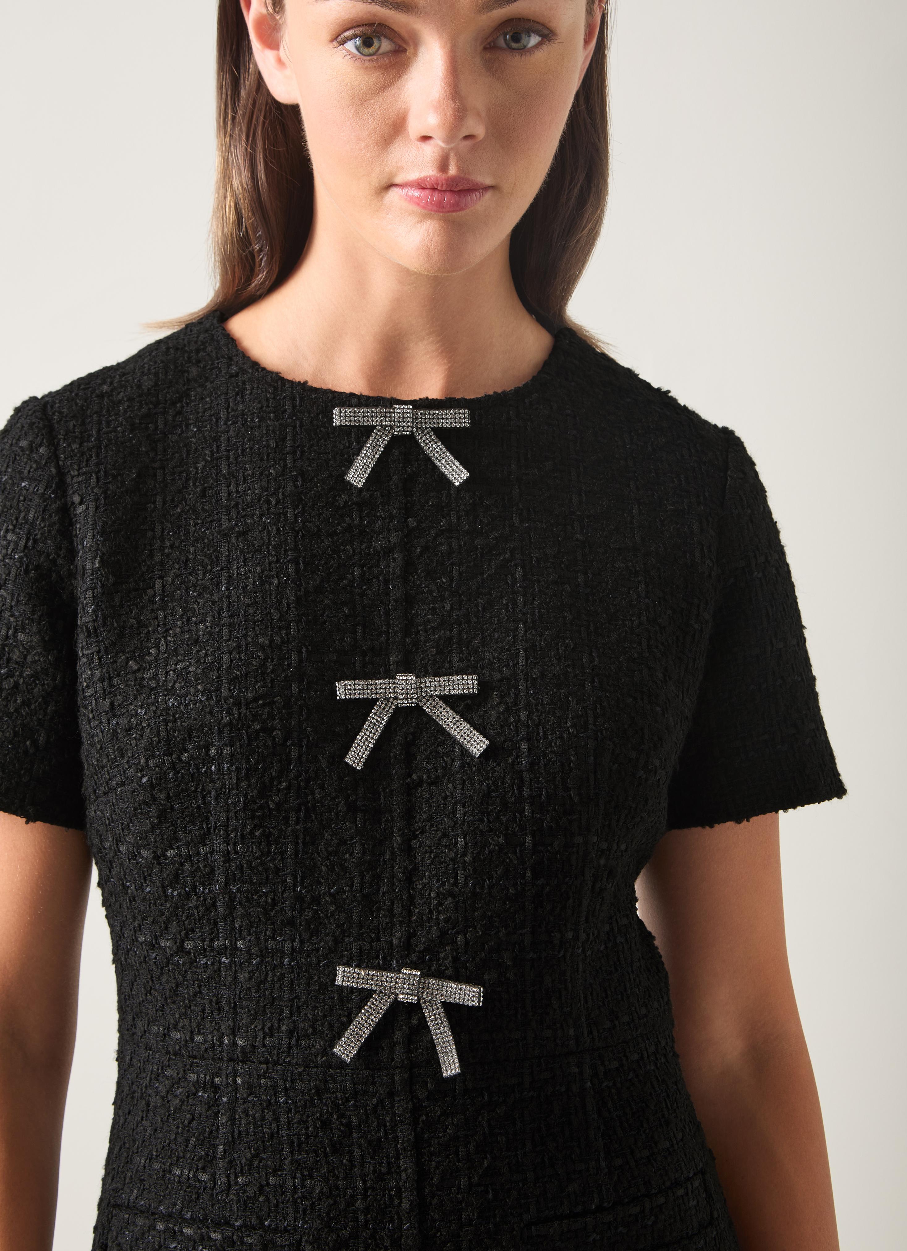 LKB LONDON Zig Black Tweed Mini Dress Diamante Bows | Clothing