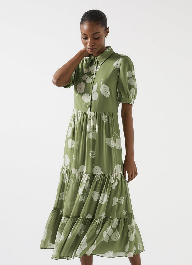【LK BENNETT】ハーレー グリーン クレープ マキシドレス Harley Green Crepe Maxi Dress With Button Front