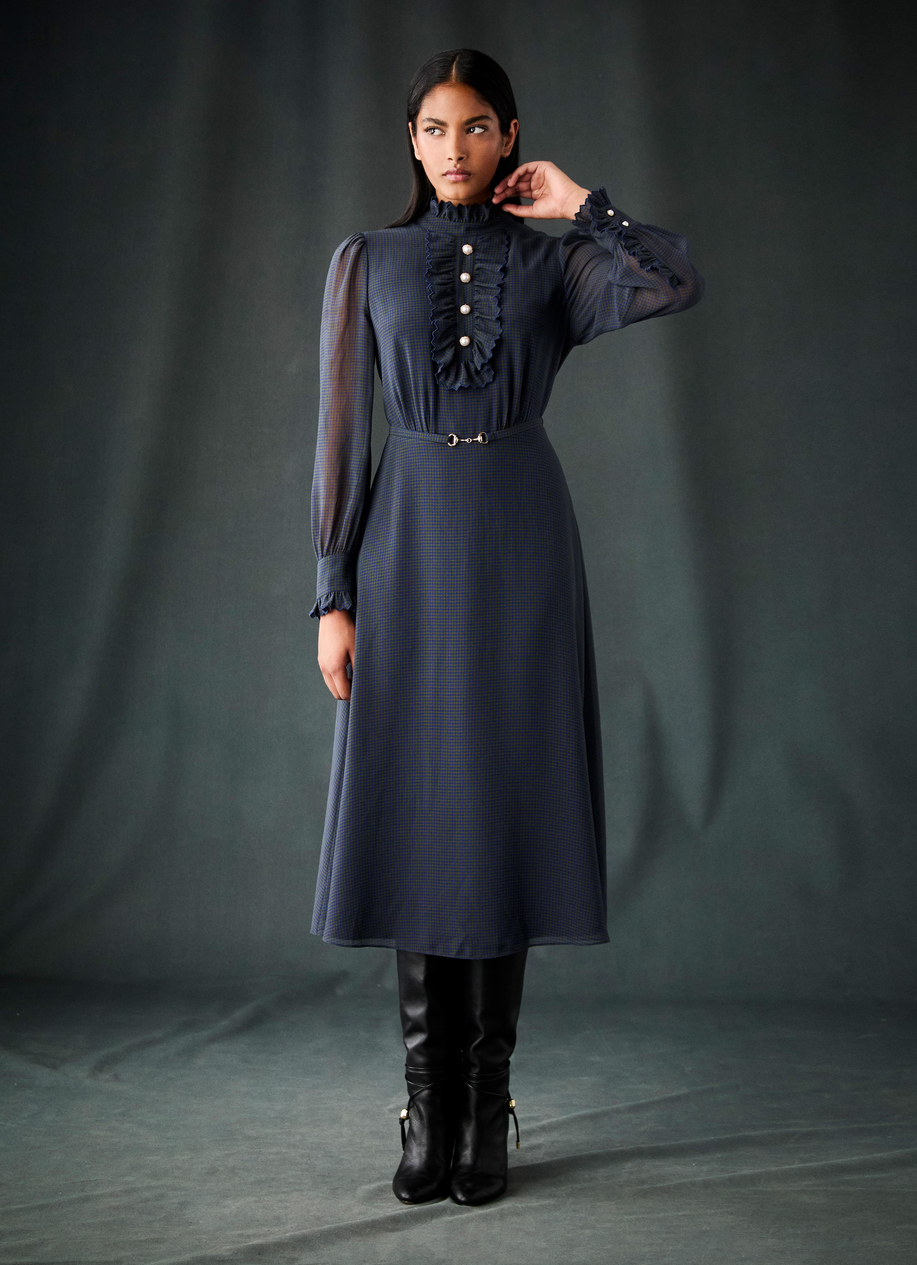 Sadie Midnight Houndstooth Print Georgette Dress | Midi Dresses