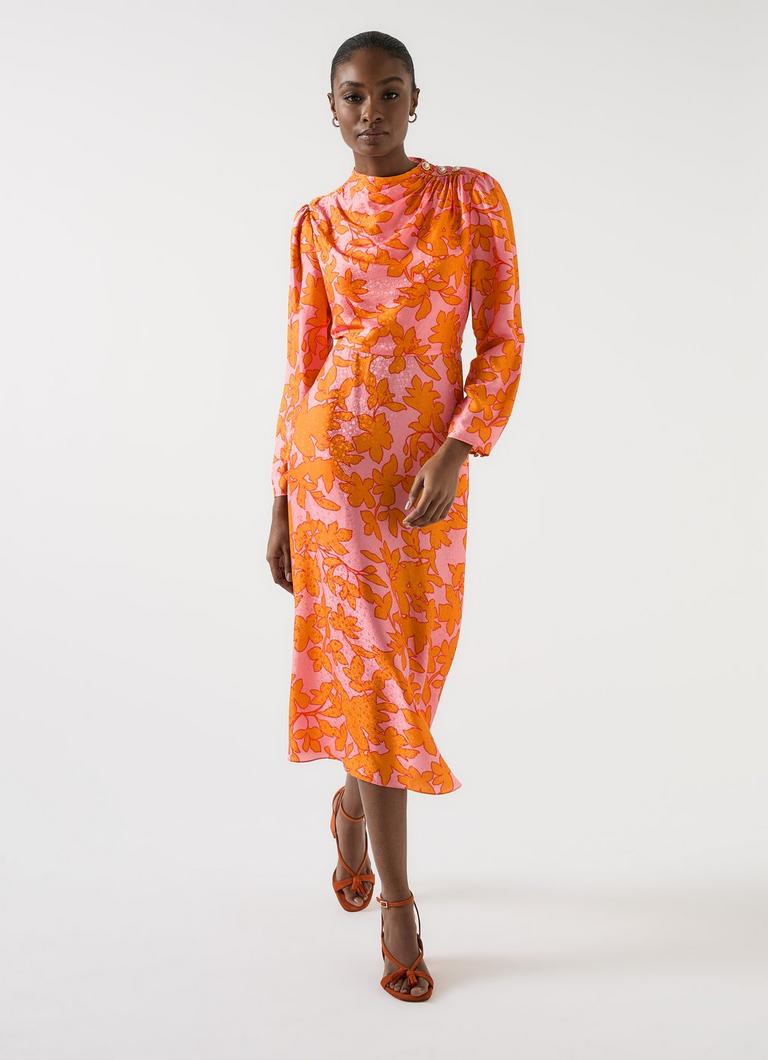 Samantha Orange Floral Jacquard Print Silk Dress