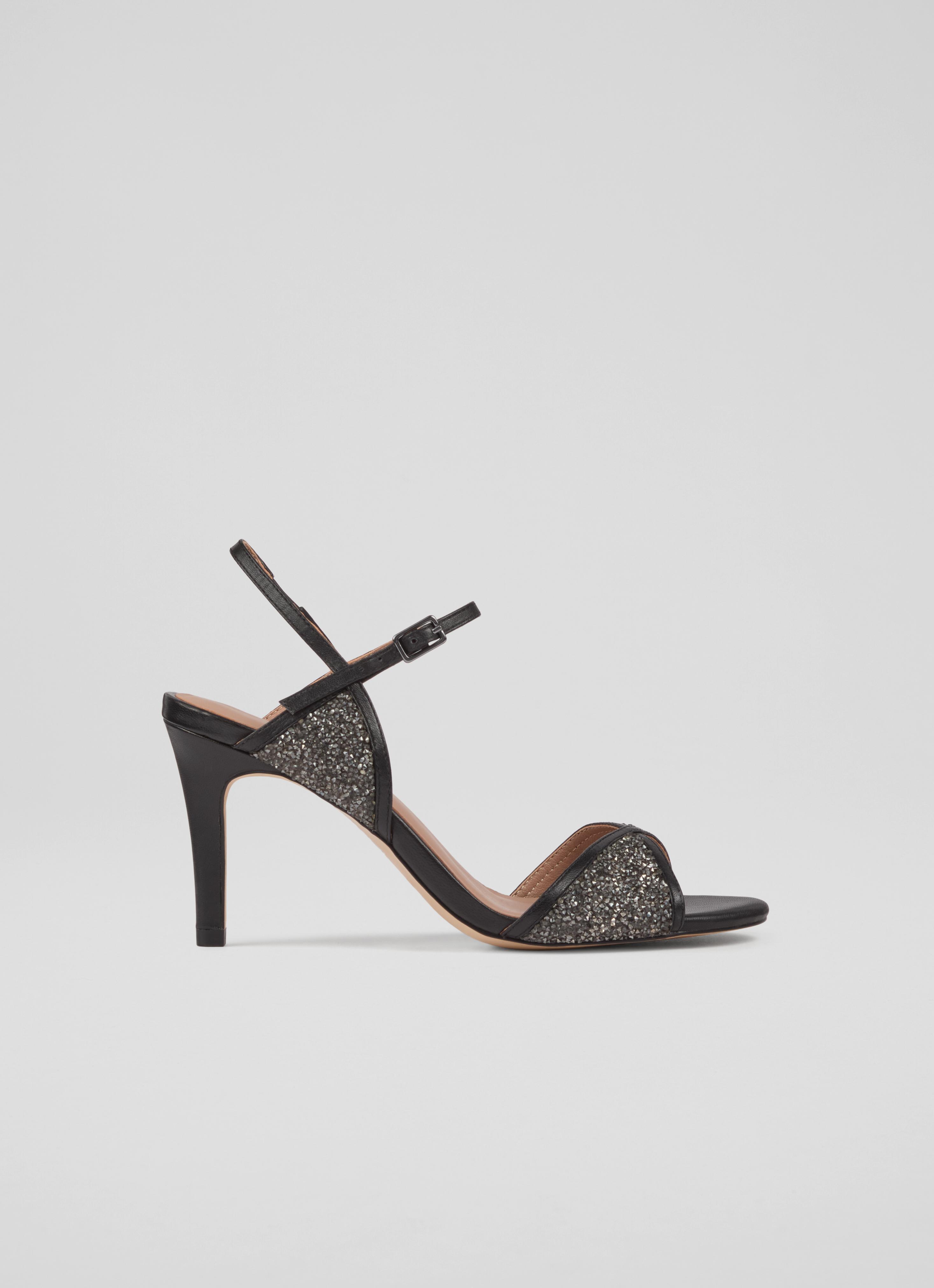 Estelle Black Leather Crystal Detail Heel Sandals