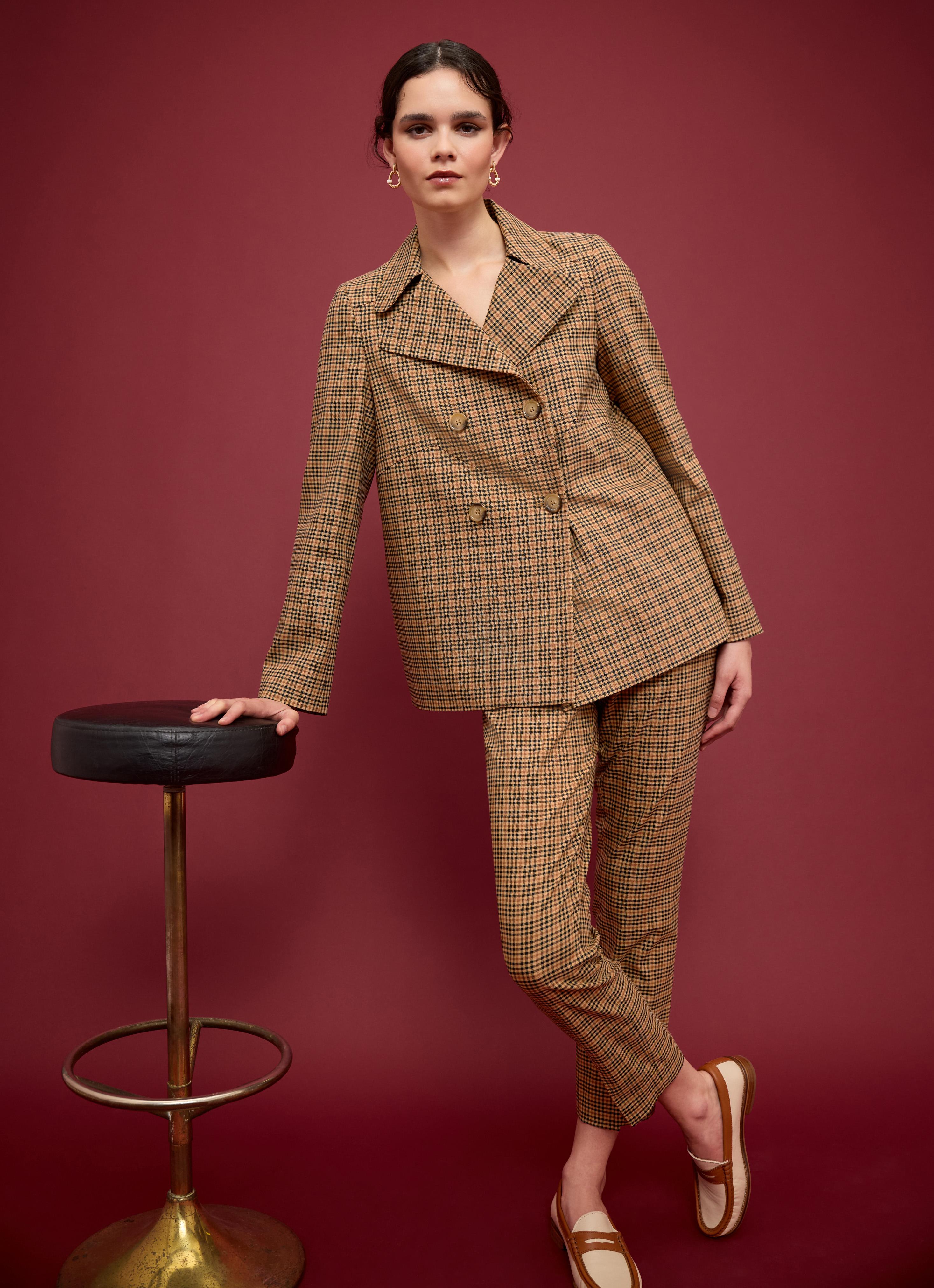 Amber Brown Check Print Double Breasted Jacket