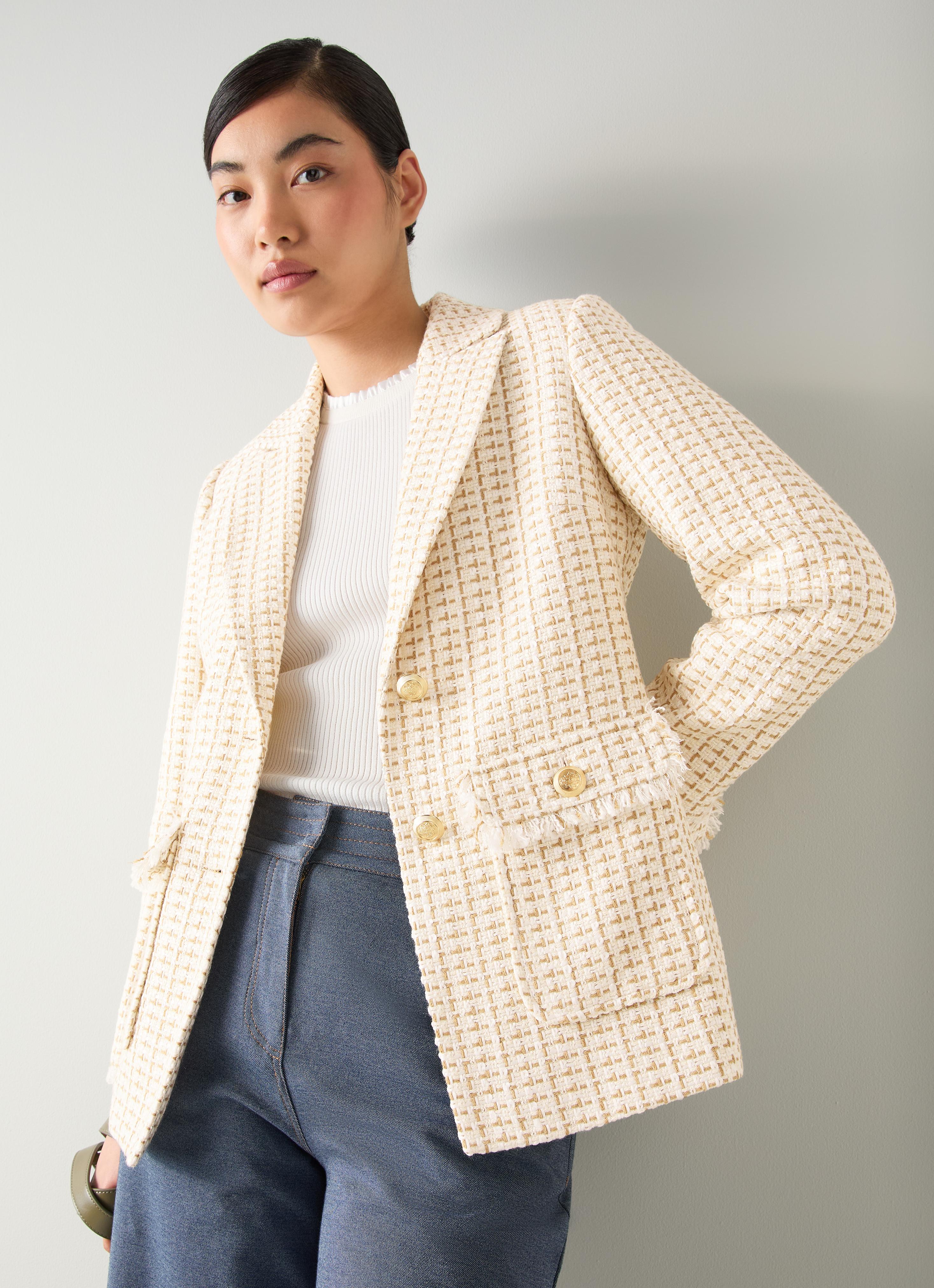 Julia Camel Tweed Check Pocket Detail Jacket | Coats & Jackets