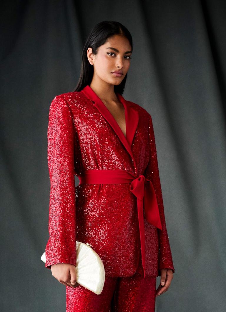 Shimmer Sequin Red Belted Jacket Coats Jackets Clothing