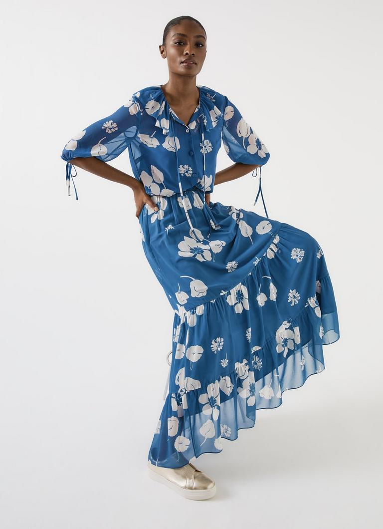 Rumi China Blue & Birch Georgette Block Print Maxi Skirt