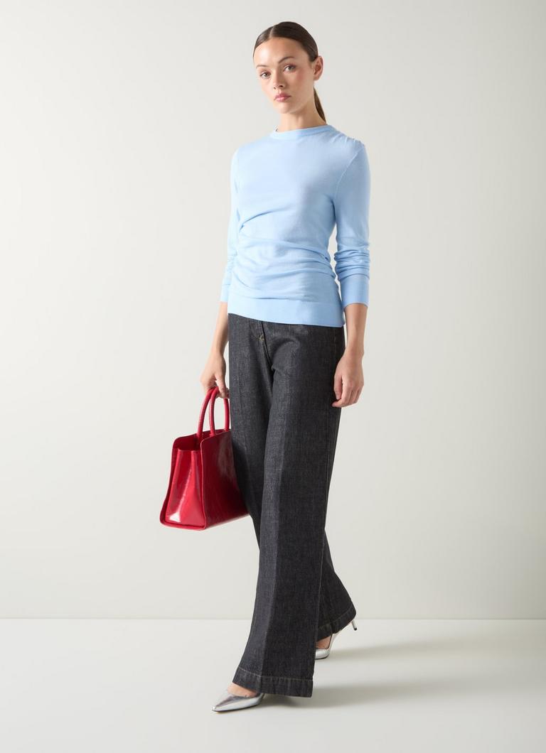 Dora Blue Plain Cotton Gathered Long Sleeve Top