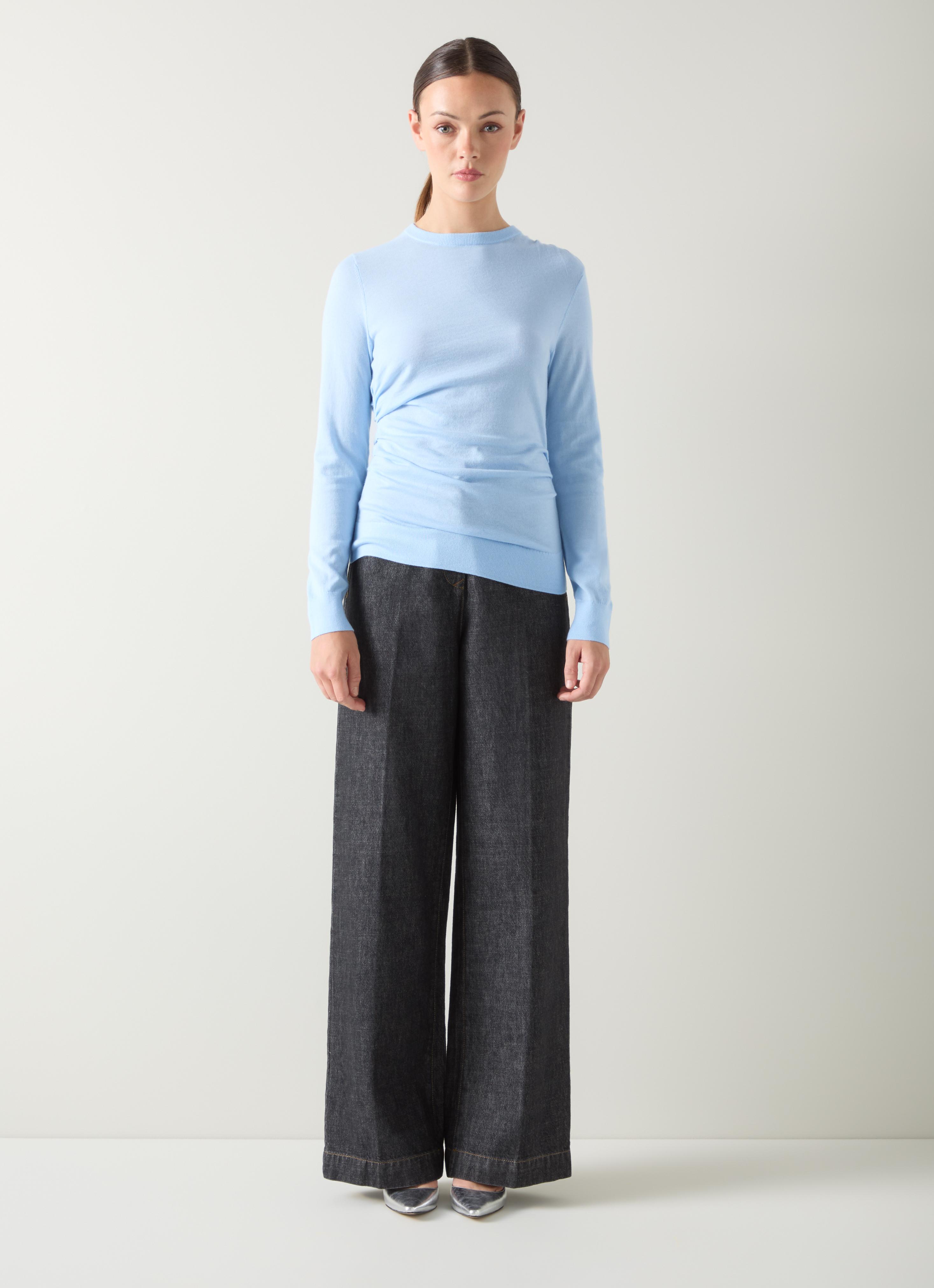Dora Blue Plain Cotton Gathered Long Sleeve Top | Clothing