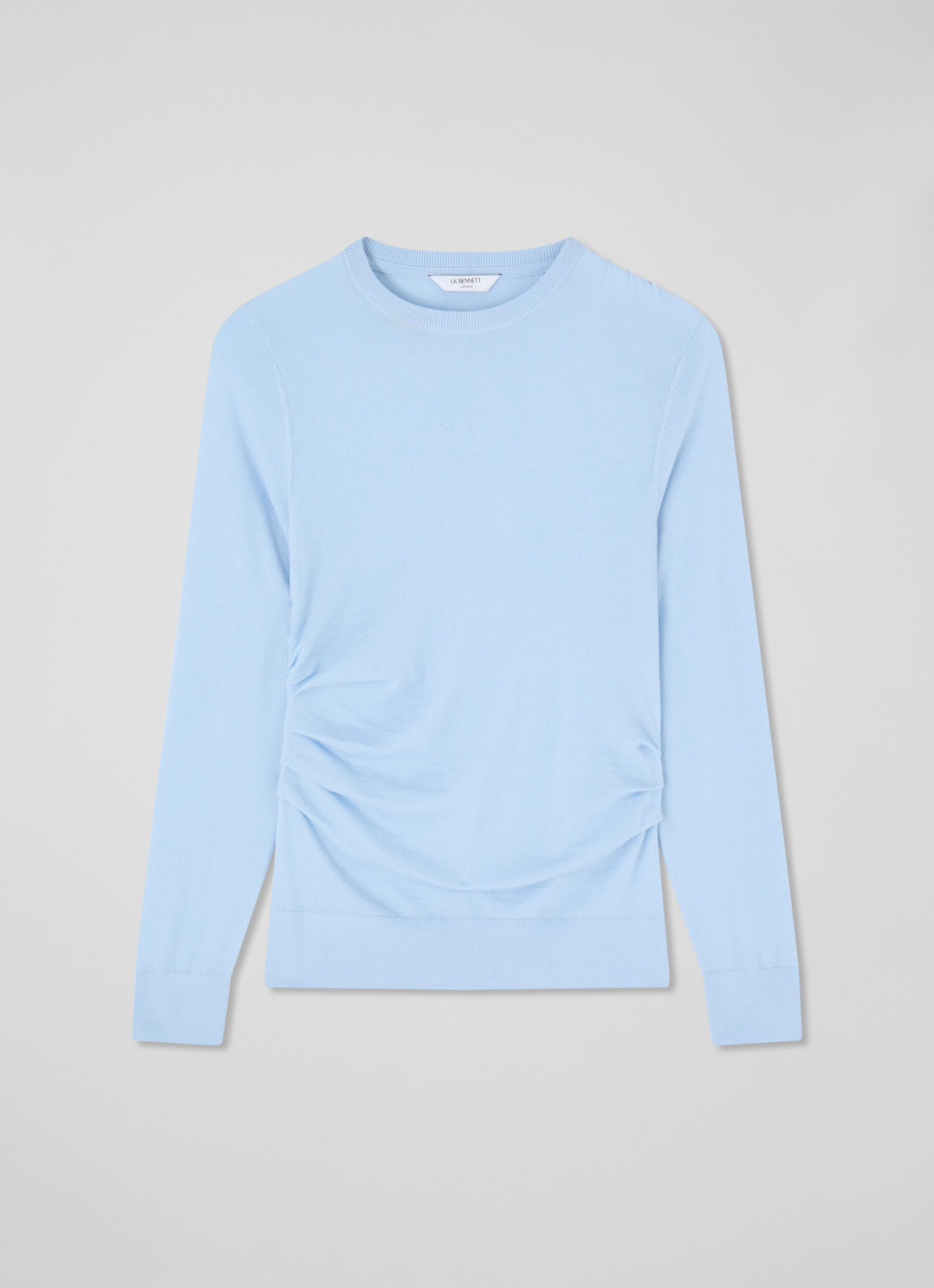 Dora Blue Plain Cotton Gathered Long Sleeve Top | Clothing