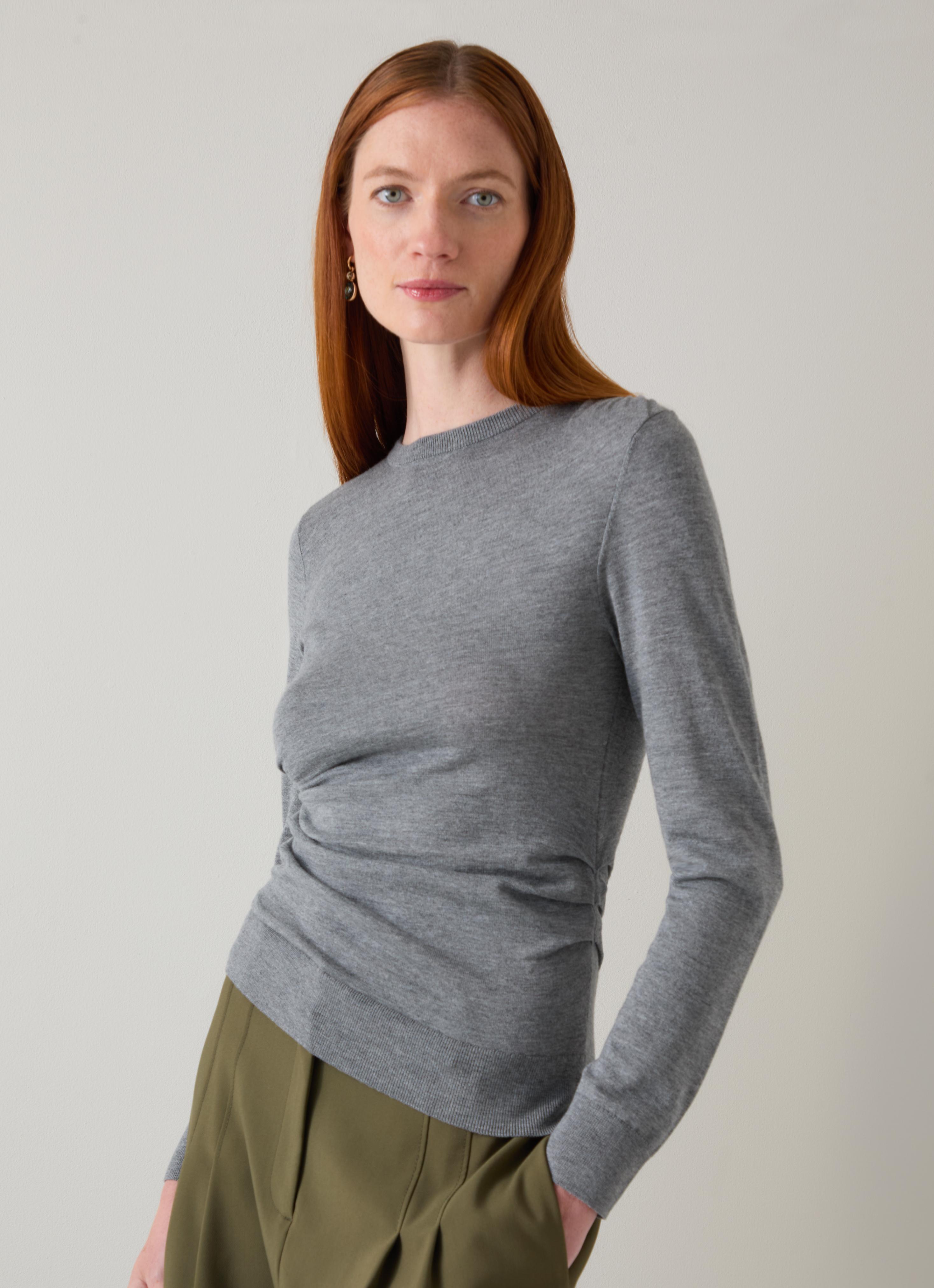 Dora Grey Merino Wool Mix Gathered Long Sleeve Top