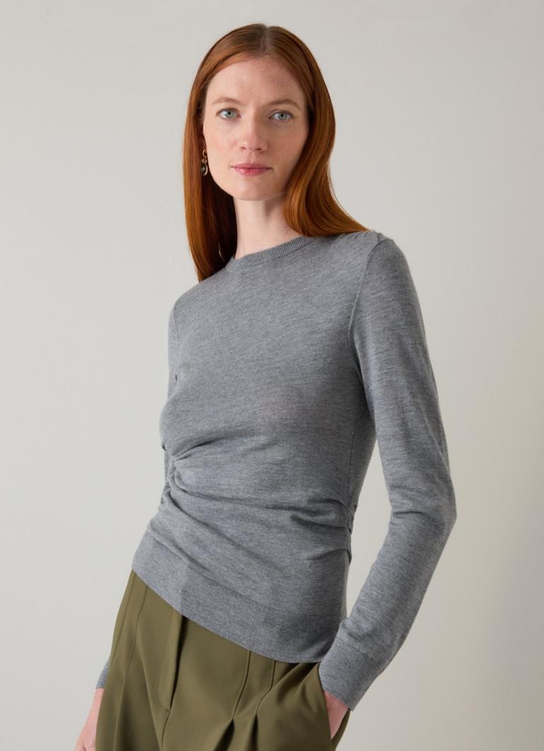 Dora Grey Merino Wool Mix Gathered Long Sleeve Top