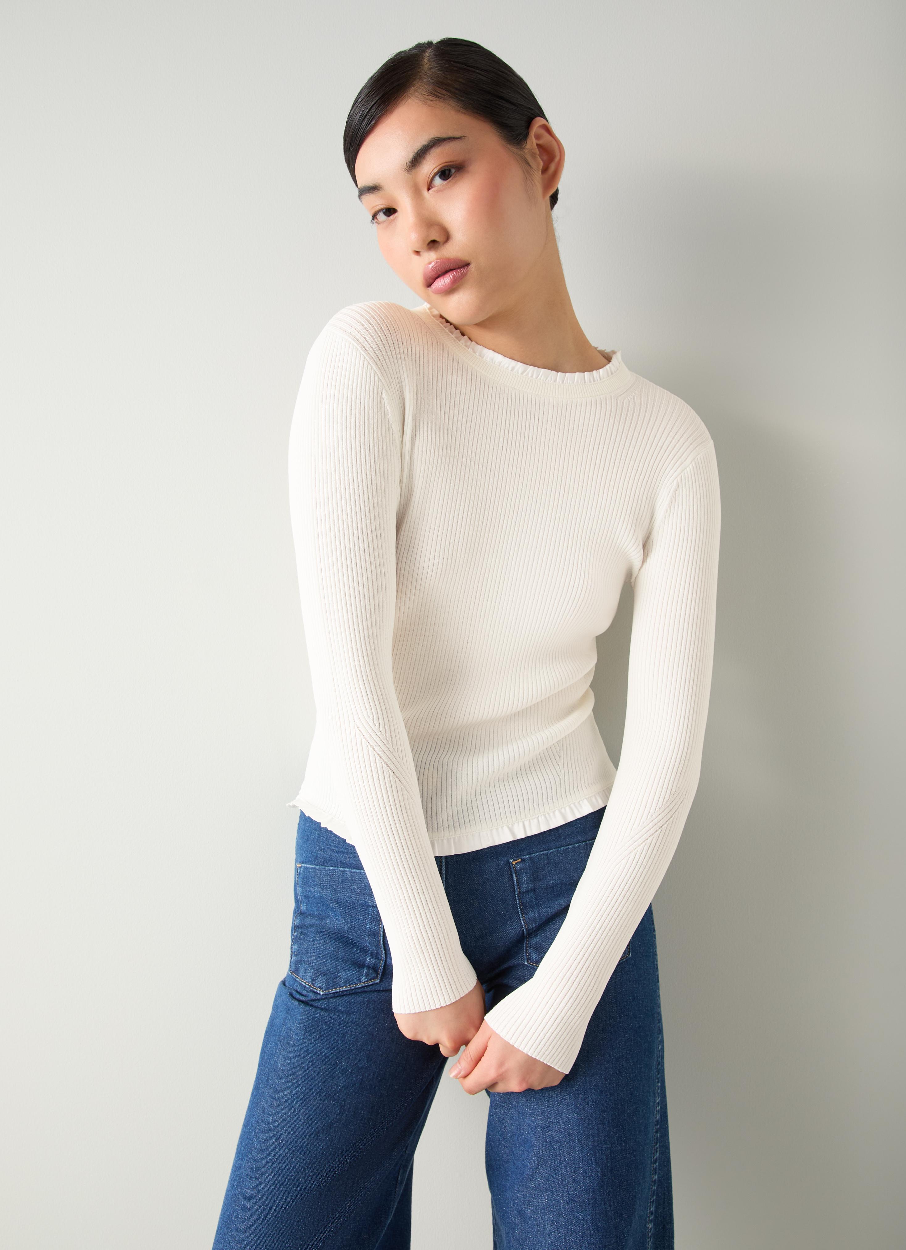 Emilia Ivory Ribbed Stretch Knit Top With Woven Trim