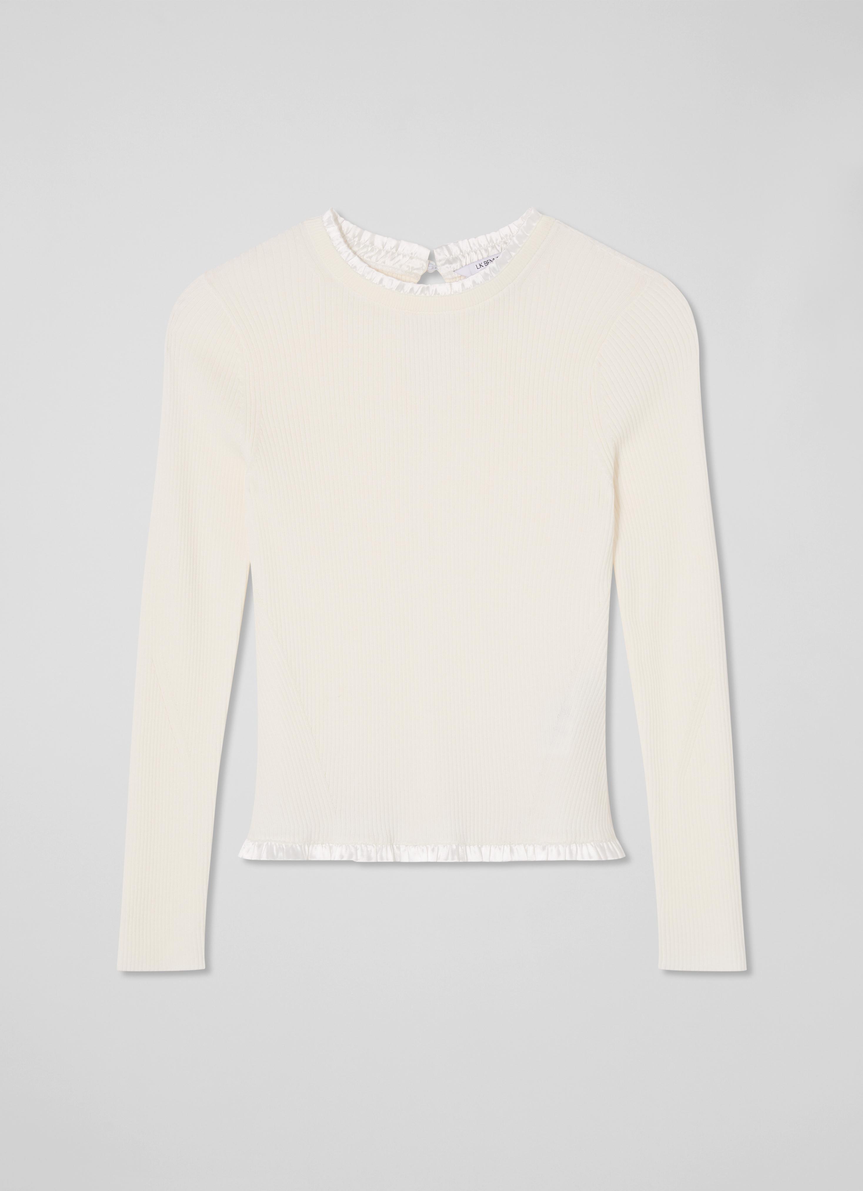 Emilia Ivory Ribbed Stretch Knit Top With Woven Trim | Clothing