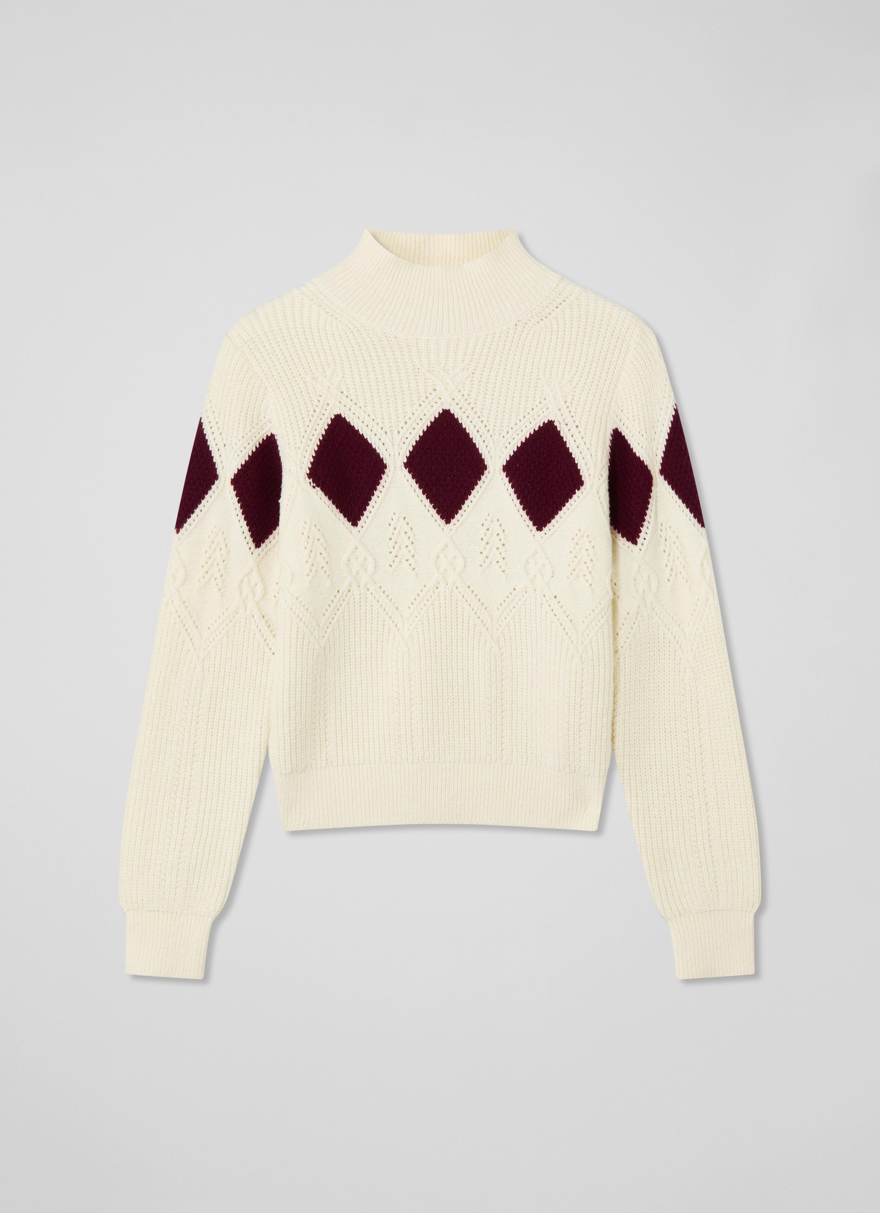 Meera Cream Argyle Print Pointelle Sweater | Clothing