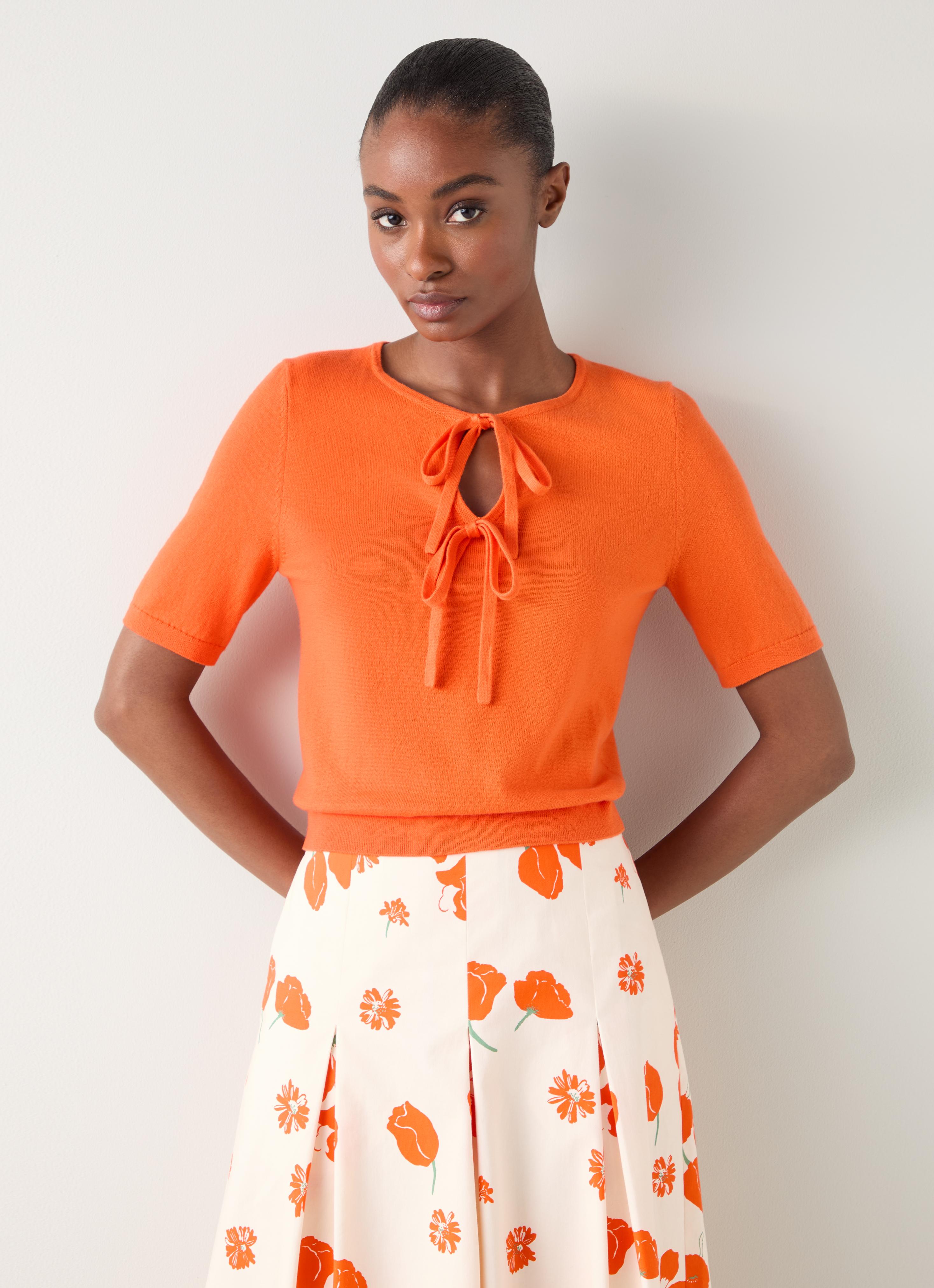 Nerys Dark Orange Cotton Blend Bow Detail Knitted Top | Clothing