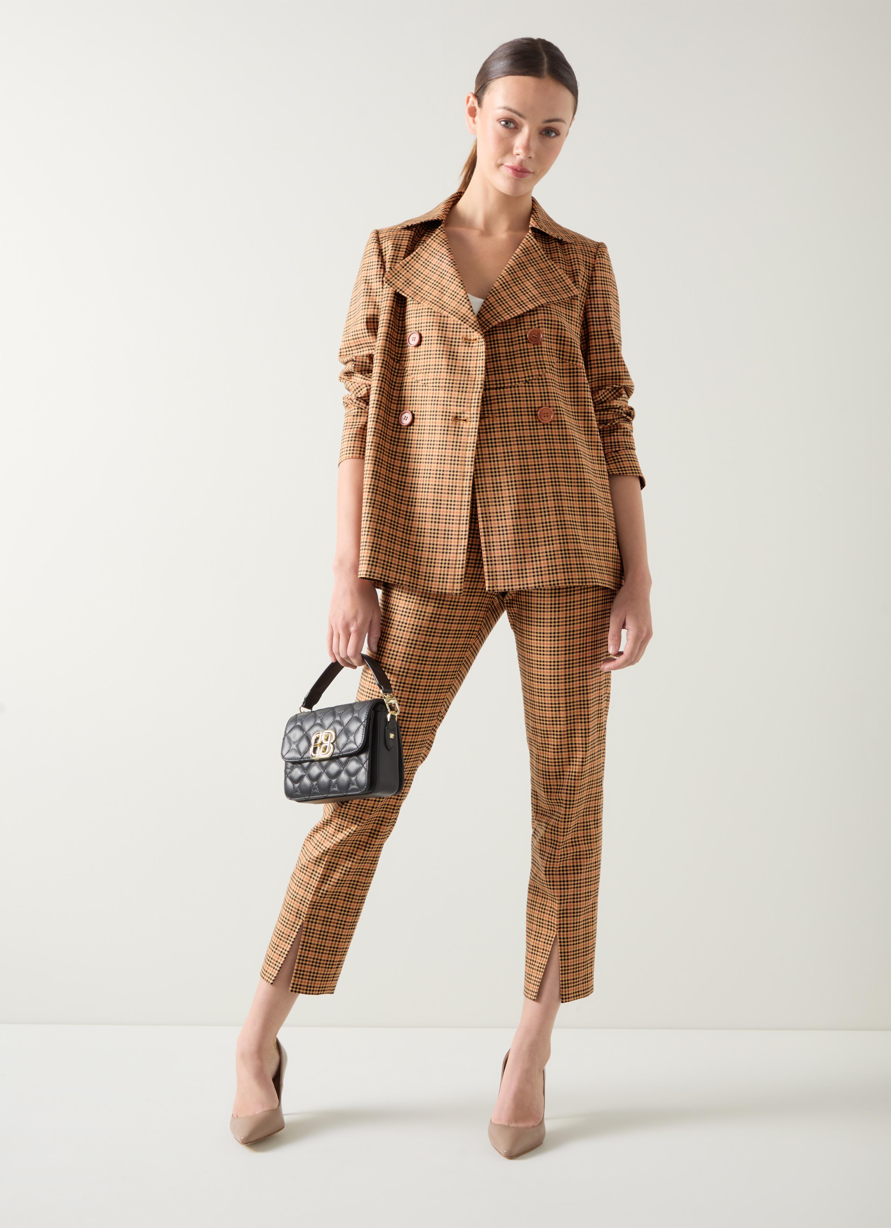 Amber Brown Check Print Tencel Side Zip Trouser