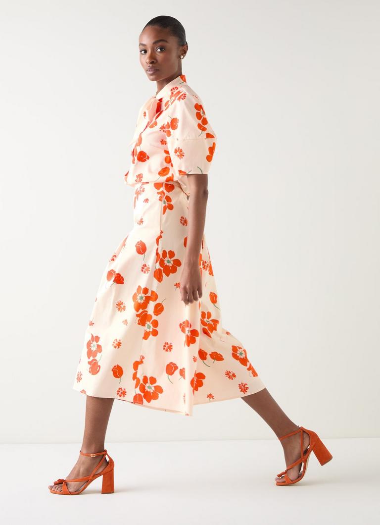 Flora Ivory & Orange Multi Cotton Pleat Block Floral Sateen Culottes