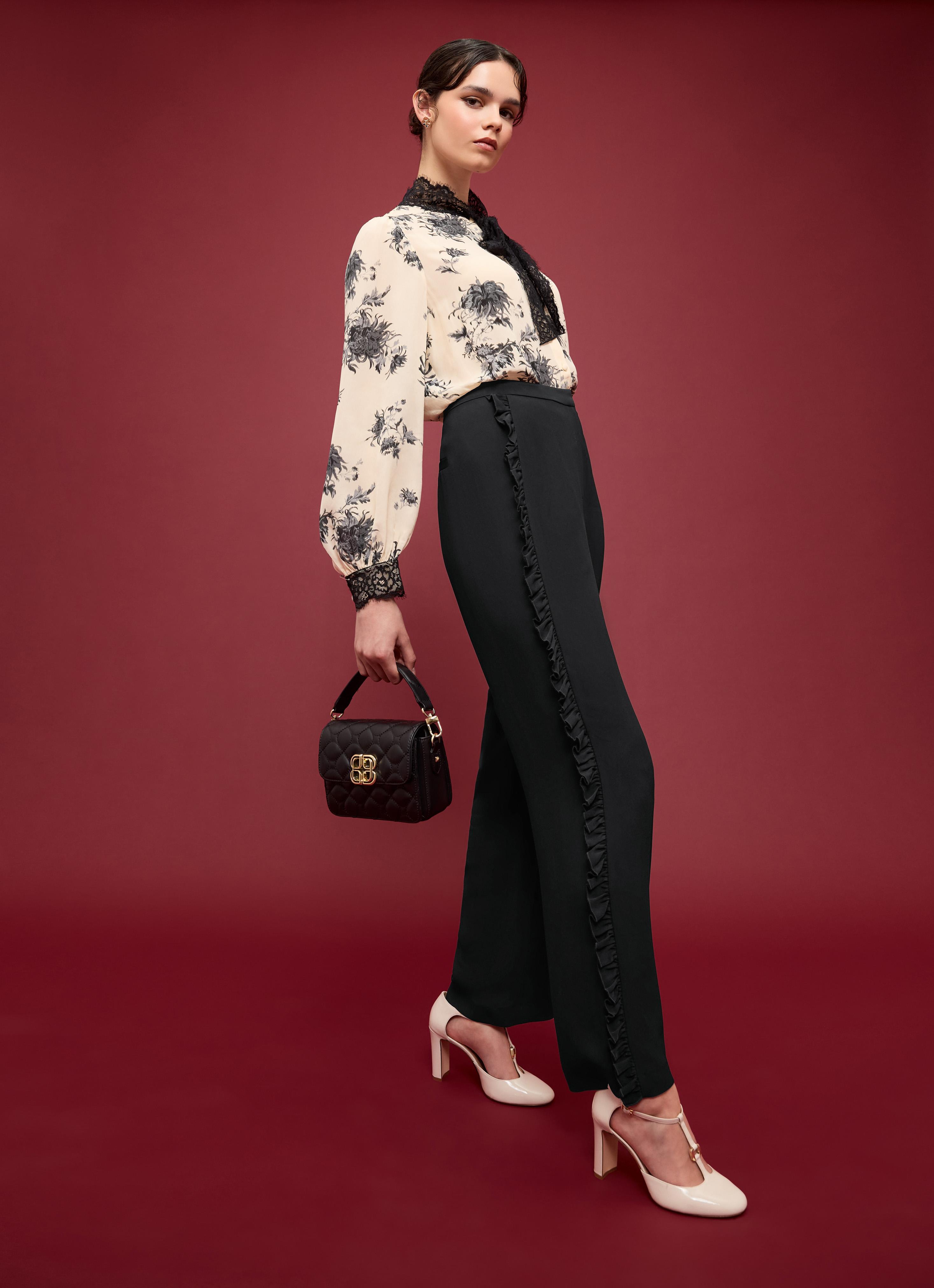 Orla Black Viscose Frill Detail Satin Trouser